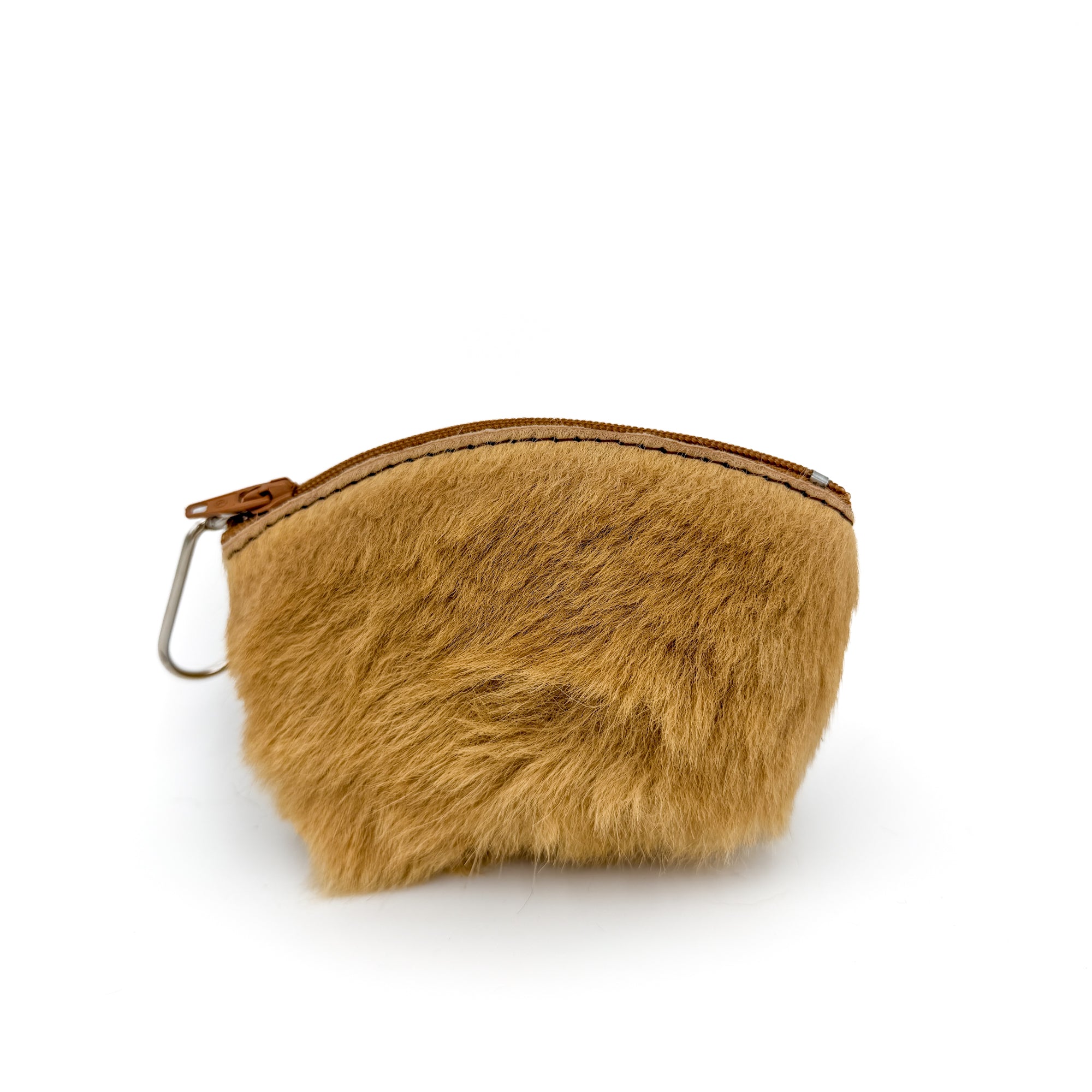 Kangaroo fur zip coin purse with a metal zip pull and carabiner clip