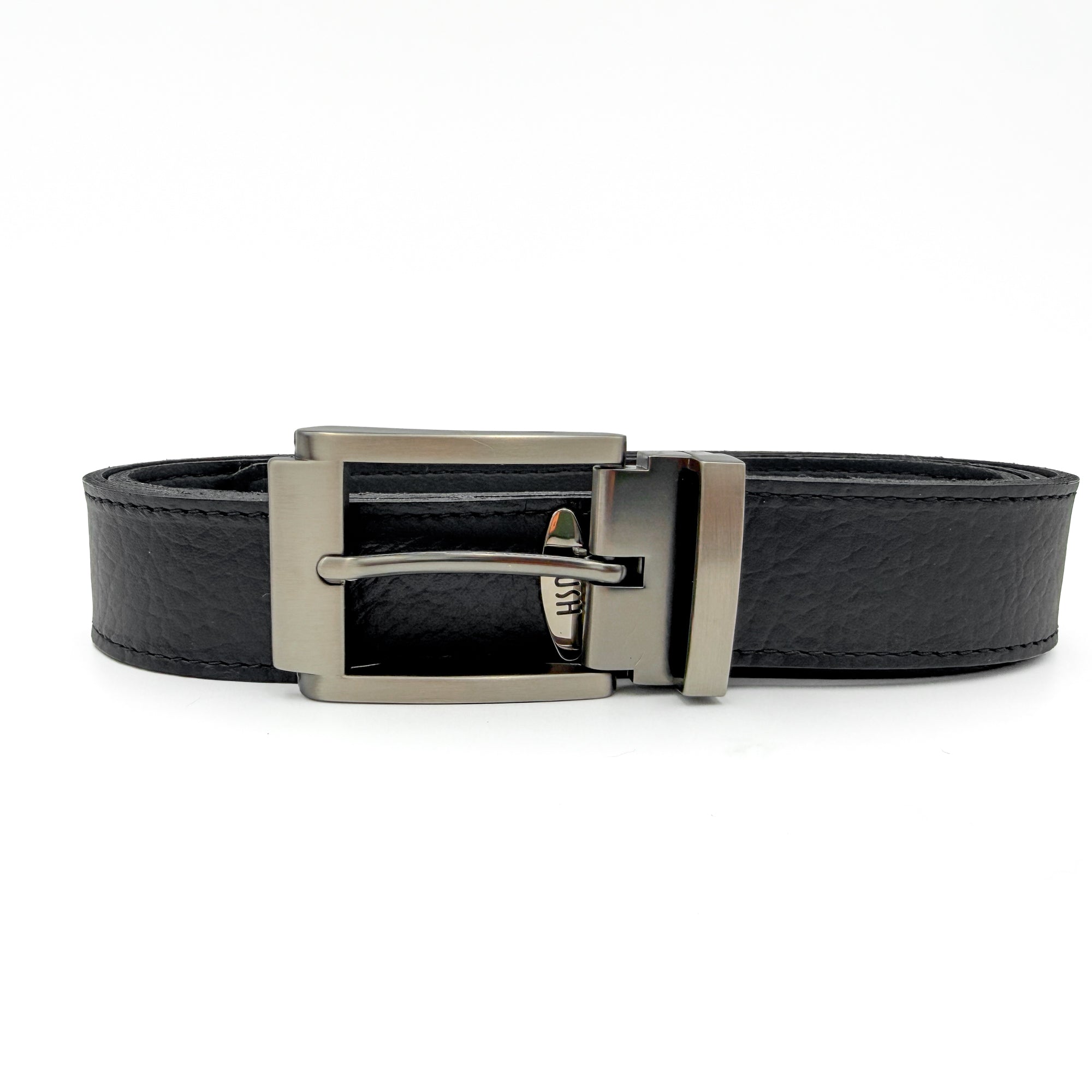 Black kangaroo leather belt, front view, showing the metal buckle