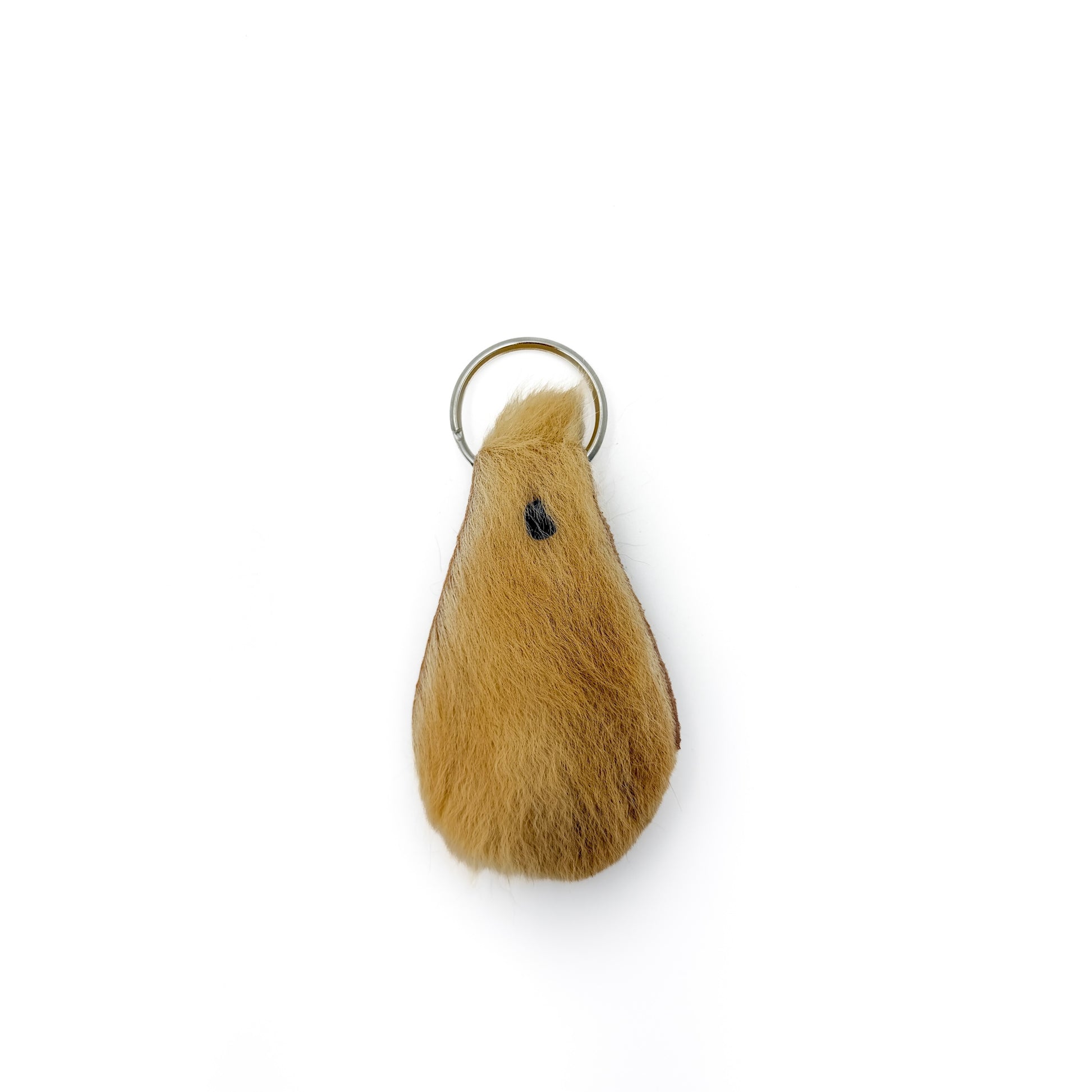 Kangaroo skin keyring, fur side, teardrop shape with a metal split ring