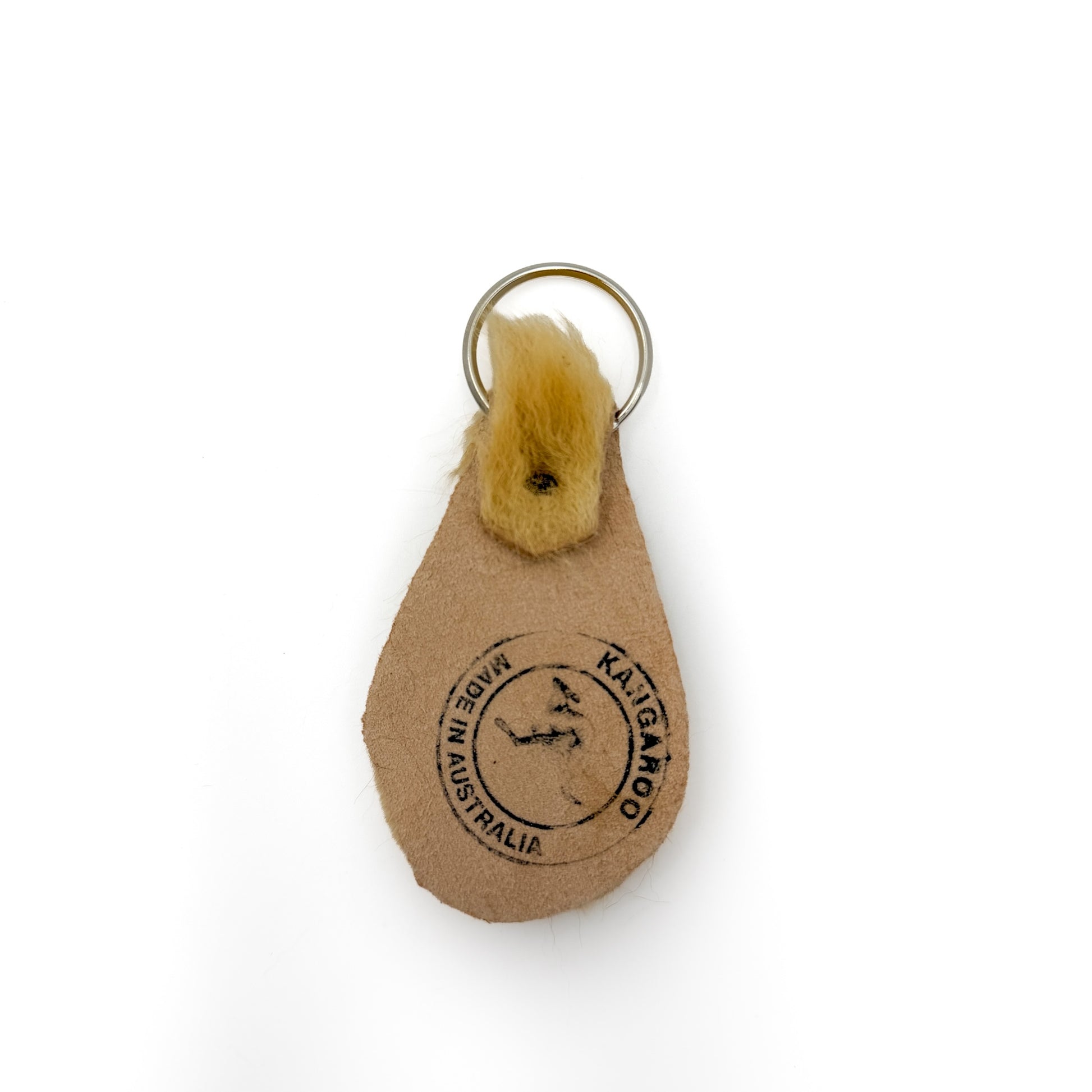 Kangaroo skin keyring, leather side, showing the embossed "Kangaroo Made in Australia" stamp
