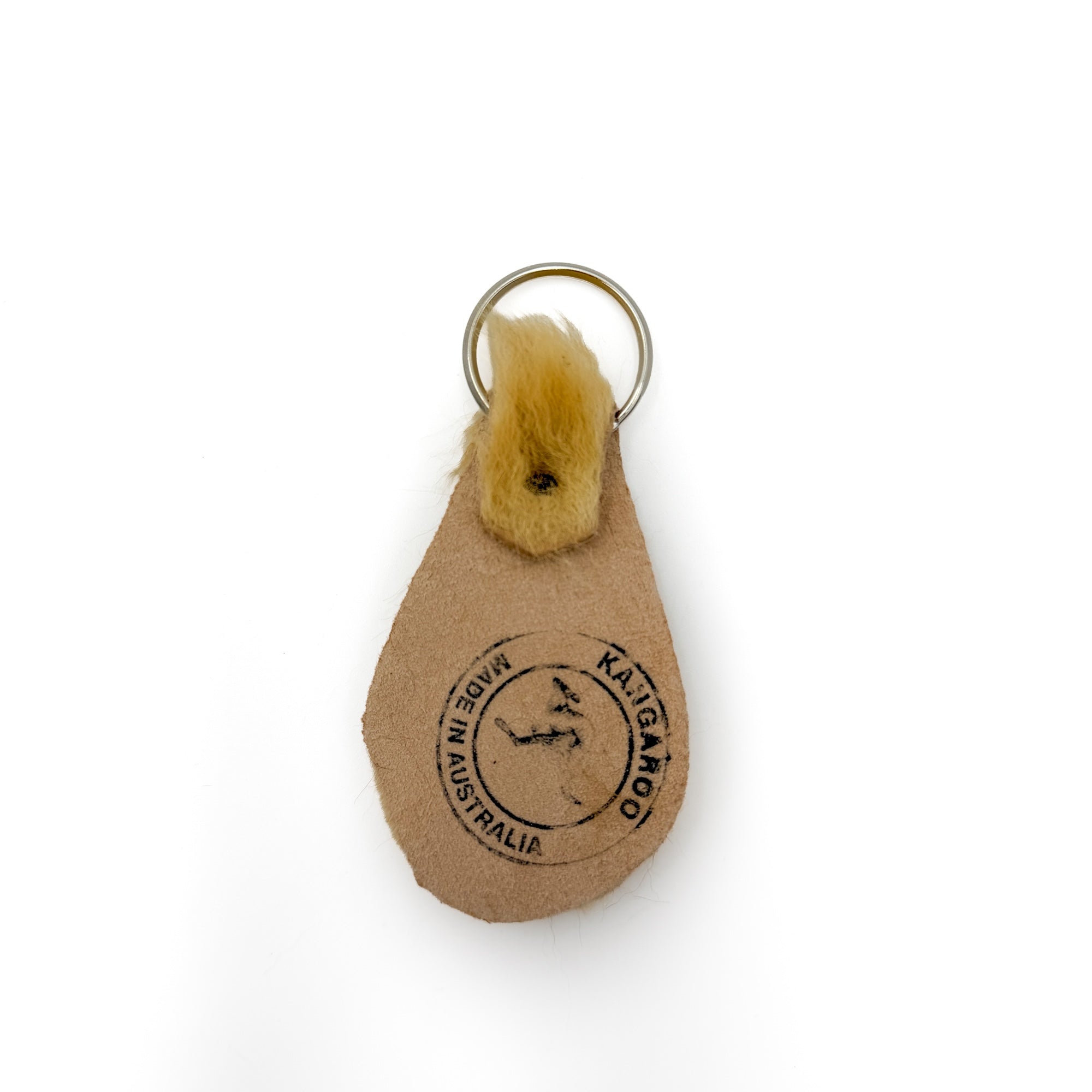 Kangaroo skin keyring, leather side, showing the embossed "Kangaroo Made in Australia" stamp