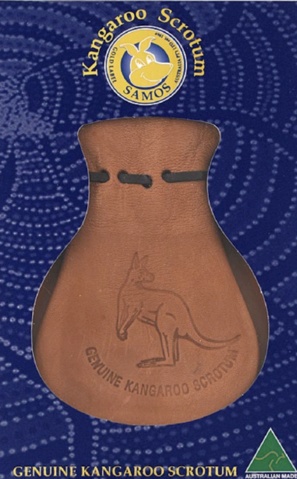 Tan leather kangaroo scrotum pouch with embossed design, front view. - Yellow Earth Australia