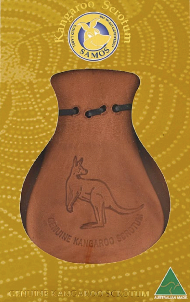 Brown leather kangaroo scrotum pouch with black drawstring closure, front view. - Yellow Earth Australia