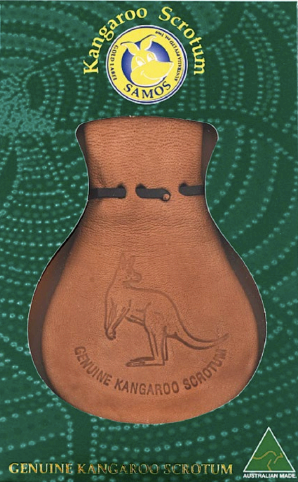 Tan leather kangaroo scrotum pouch with embossed design, front view. - Yellow Earth Australia