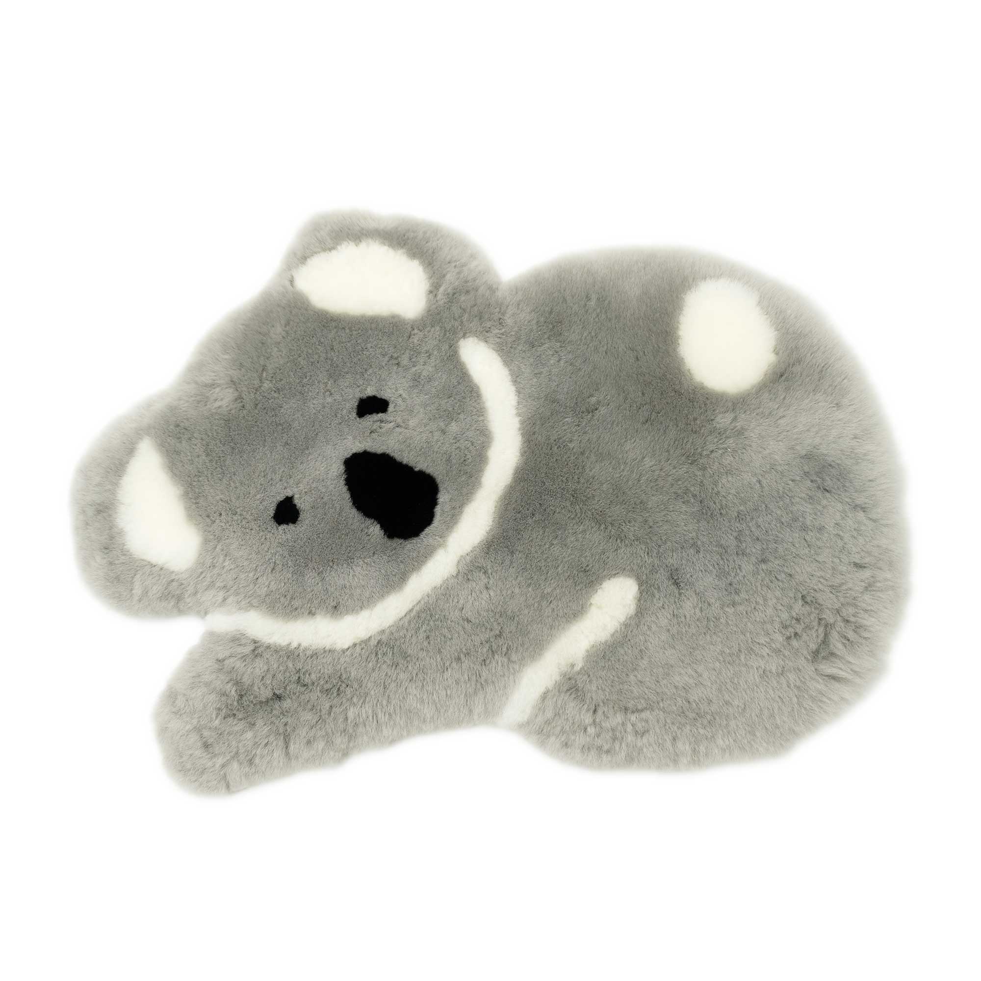 Soft gray and white plush koala toy with fluffy sheepskin texture, side view. - Yellow Earth Australia