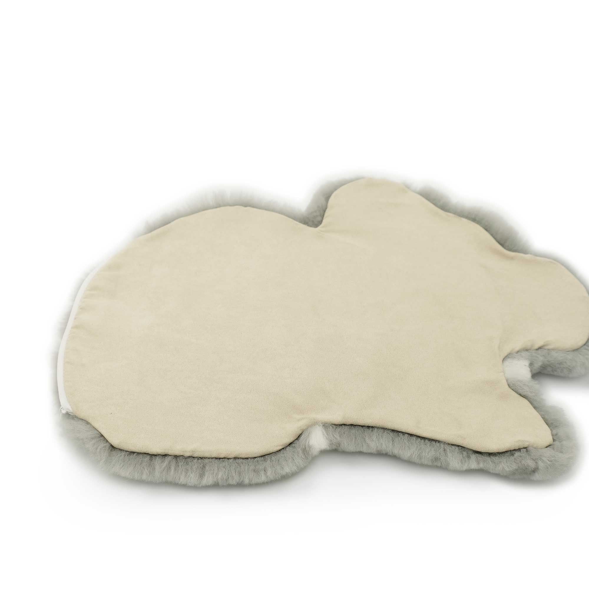 Cream sheepskin sleep mask with soft grey wool backing, side view. - Yellow Earth Australia