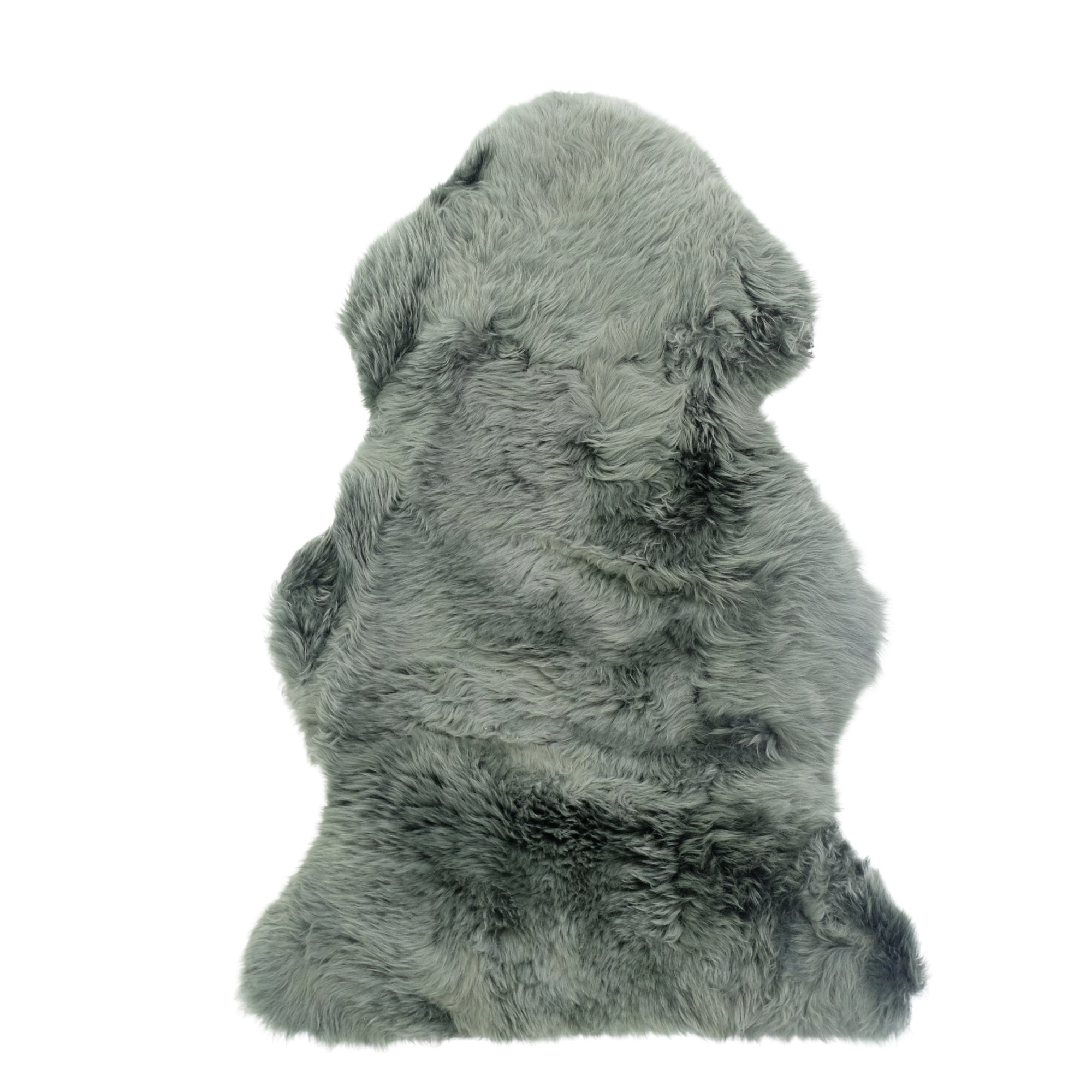 Grey sheepskin rug with natural wool texture, viewed from above on white background. - Yellow Earth Australia