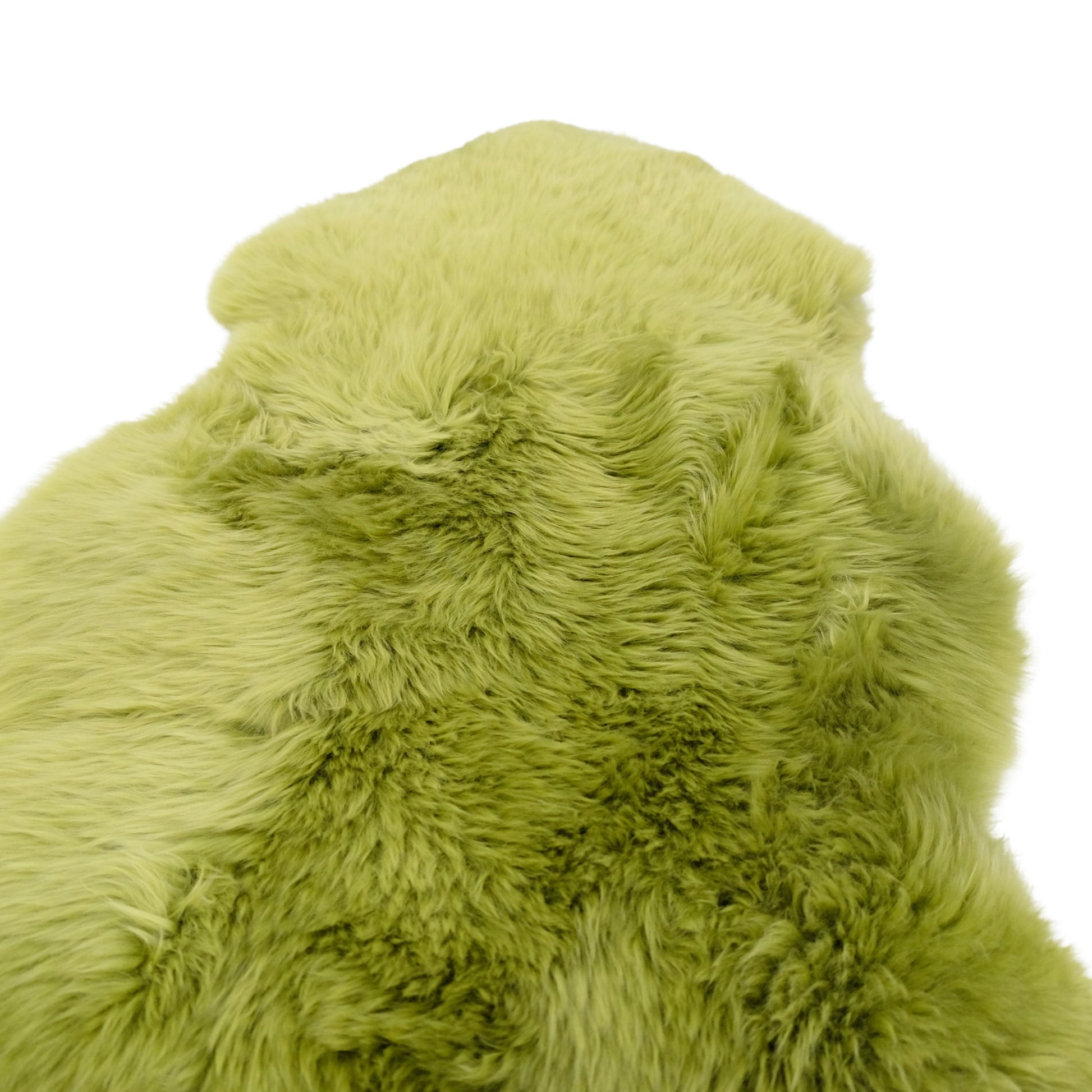 Lime green sheepskin rug with thick curly wool pile shown from above. - Yellow Earth Australia