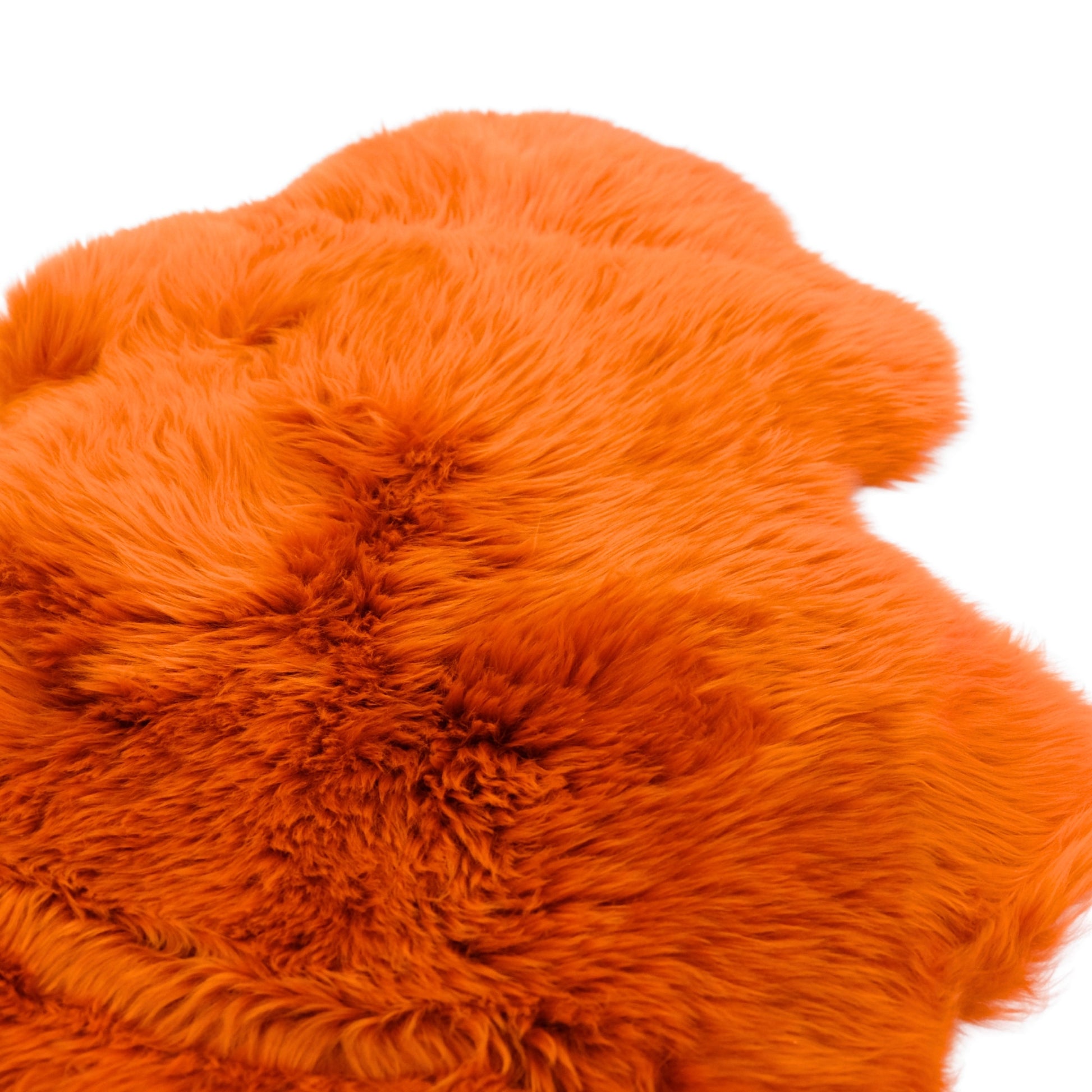 Bright orange sheepskin rug with thick fluffy wool pile, top view. - Yellow Earth Australia
