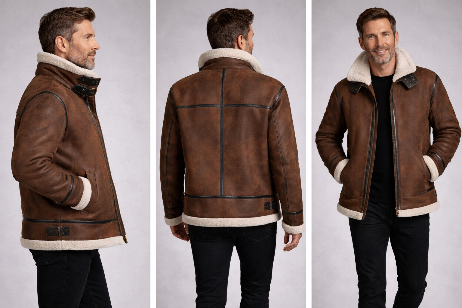 Brown sheepskin jacket with cream wool collar and cuffs, shown front and back views. - Yellow Earth Australia