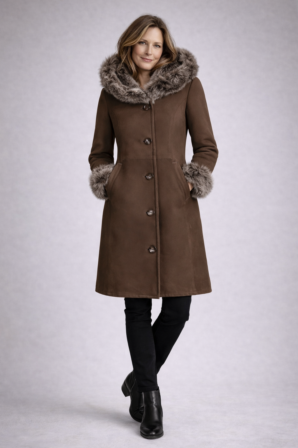 Brown sheepskin coat with fur collar and cuffs, front view. - Yellow Earth Australia