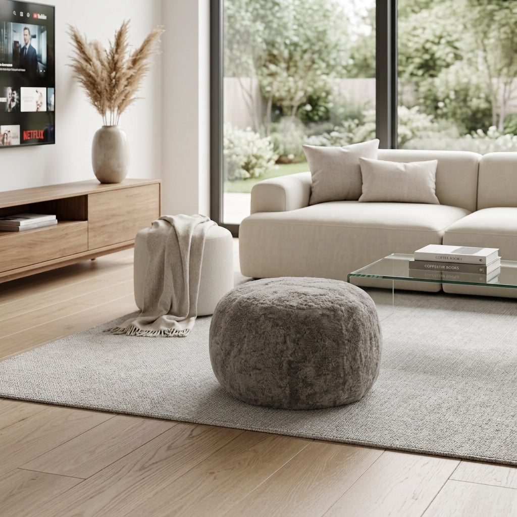 Pebble Sheepskin Ottoman — Genuine Curly Wool, Stone Grey