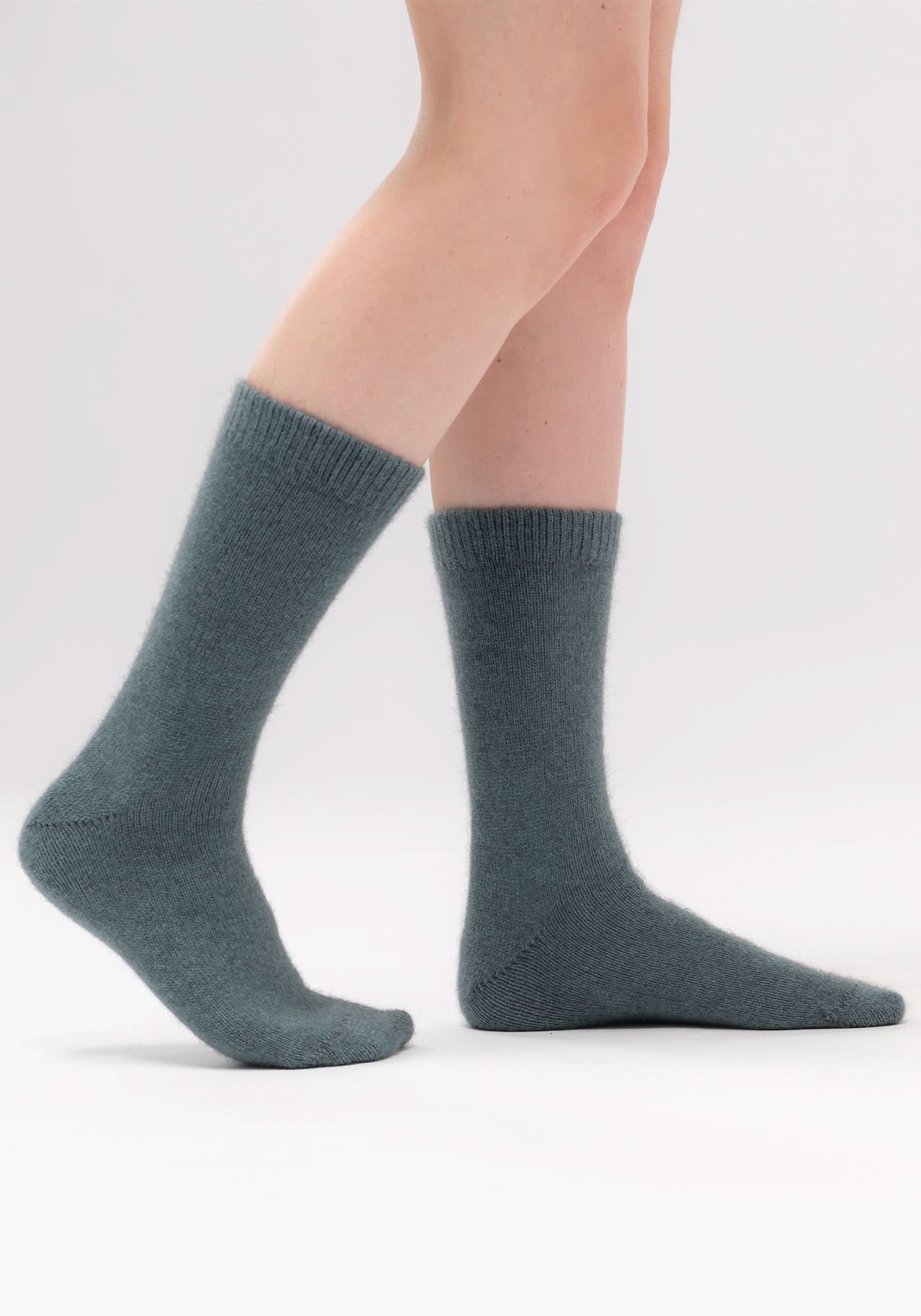 Grey wool crew socks displayed on legs, showing full length and ribbed knit texture. - Yellow Earth Australia