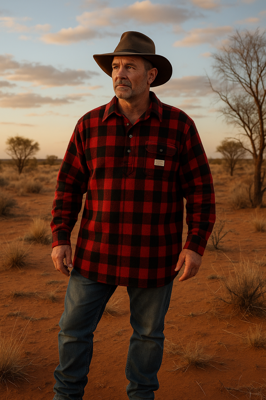 Red and black plaid wool shirt displayed on model in outback setting. - Yellow Earth Australia