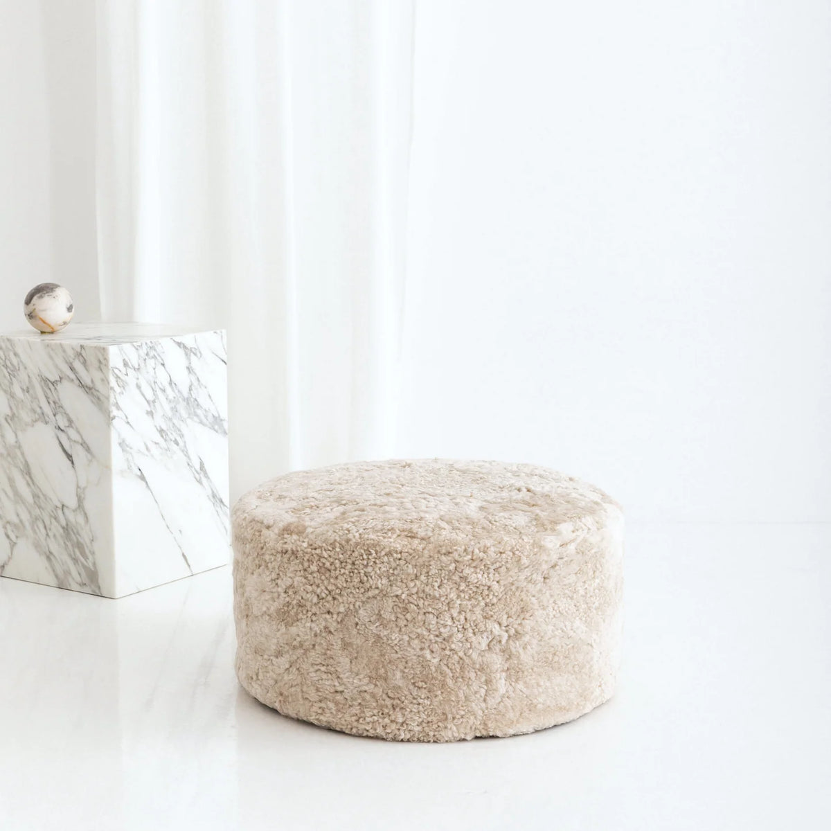 Sheepskin Round Ottoman — Genuine Curly Wool, Linen