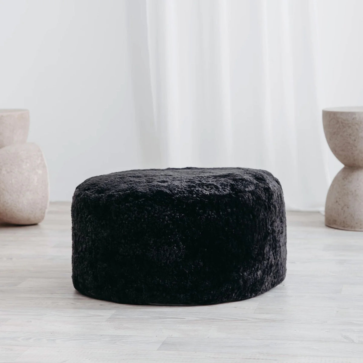 Sheepskin Round Ottoman — Genuine Curly Wool, Steel