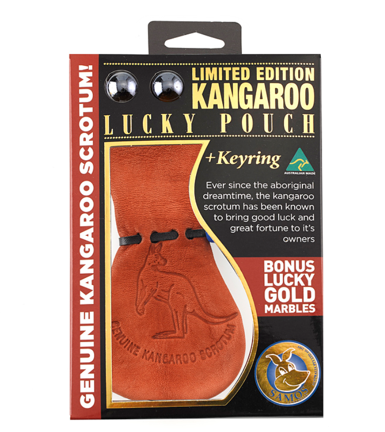 Limited edition orange leather kangaroo lucky pouch with keyring and bonus marbles. - Yellow Earth Australia