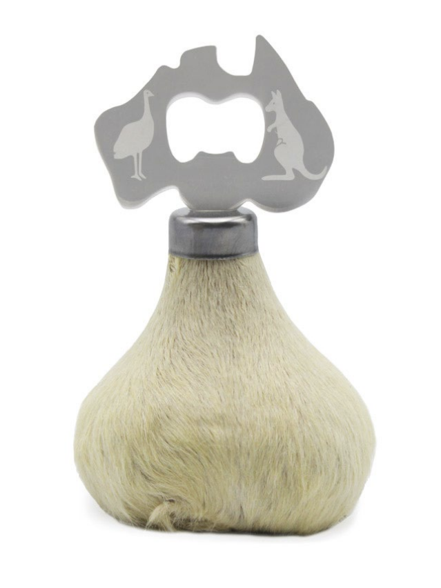 Kangaroo-shaped bottle opener with cream sheepskin wool handle, front view. - Yellow Earth Australia