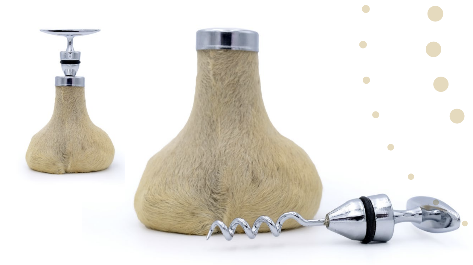 Luxury sheepskin soap dispenser and massage tool set in cream with chrome accents. - Yellow Earth Australia