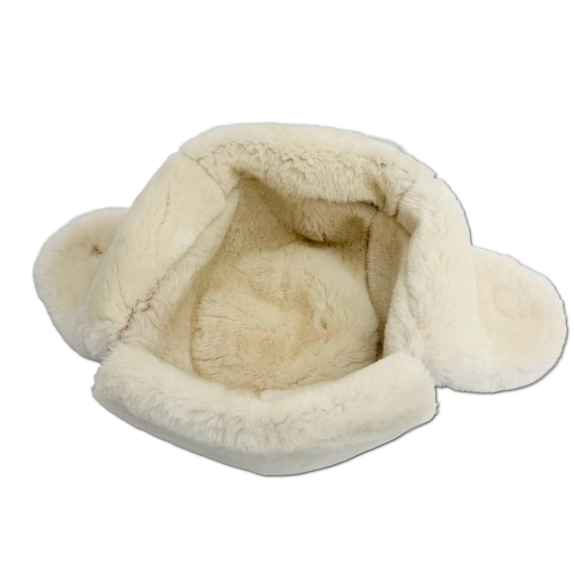 A brown suede aviator-style hat with thick white shearling lining on the ear flaps and crown- Yellow Earth