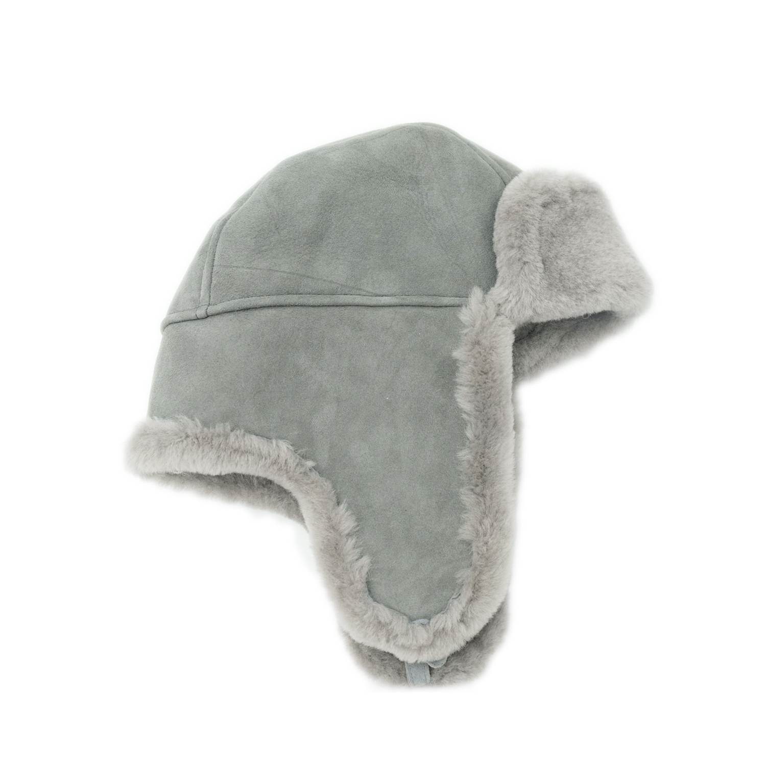 Grey sheepskin trapper hat with fluffy wool lining, side view. - Yellow Earth Australia