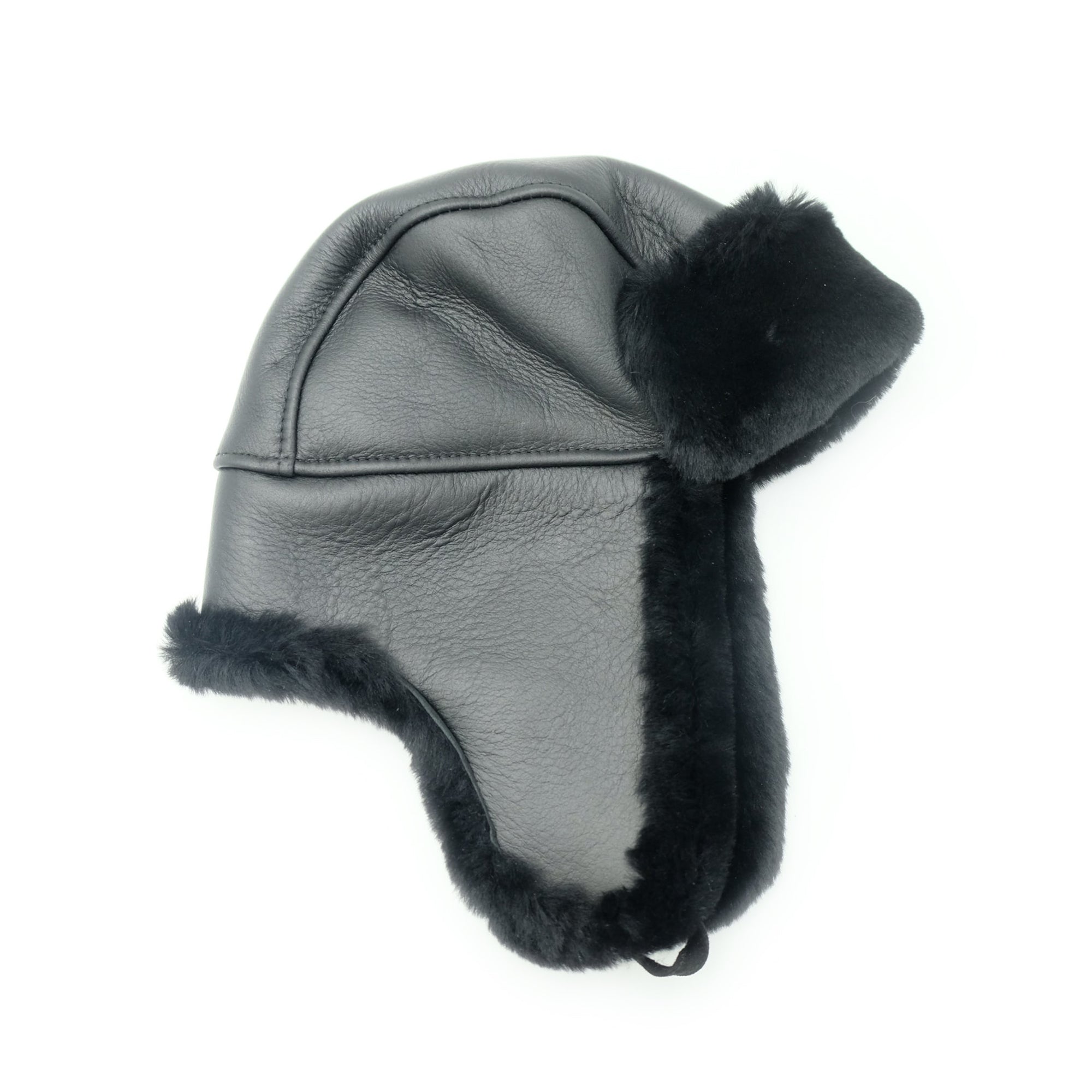 Grey leather trapper hat with black fur trim, top view. - Yellow Earth Australia