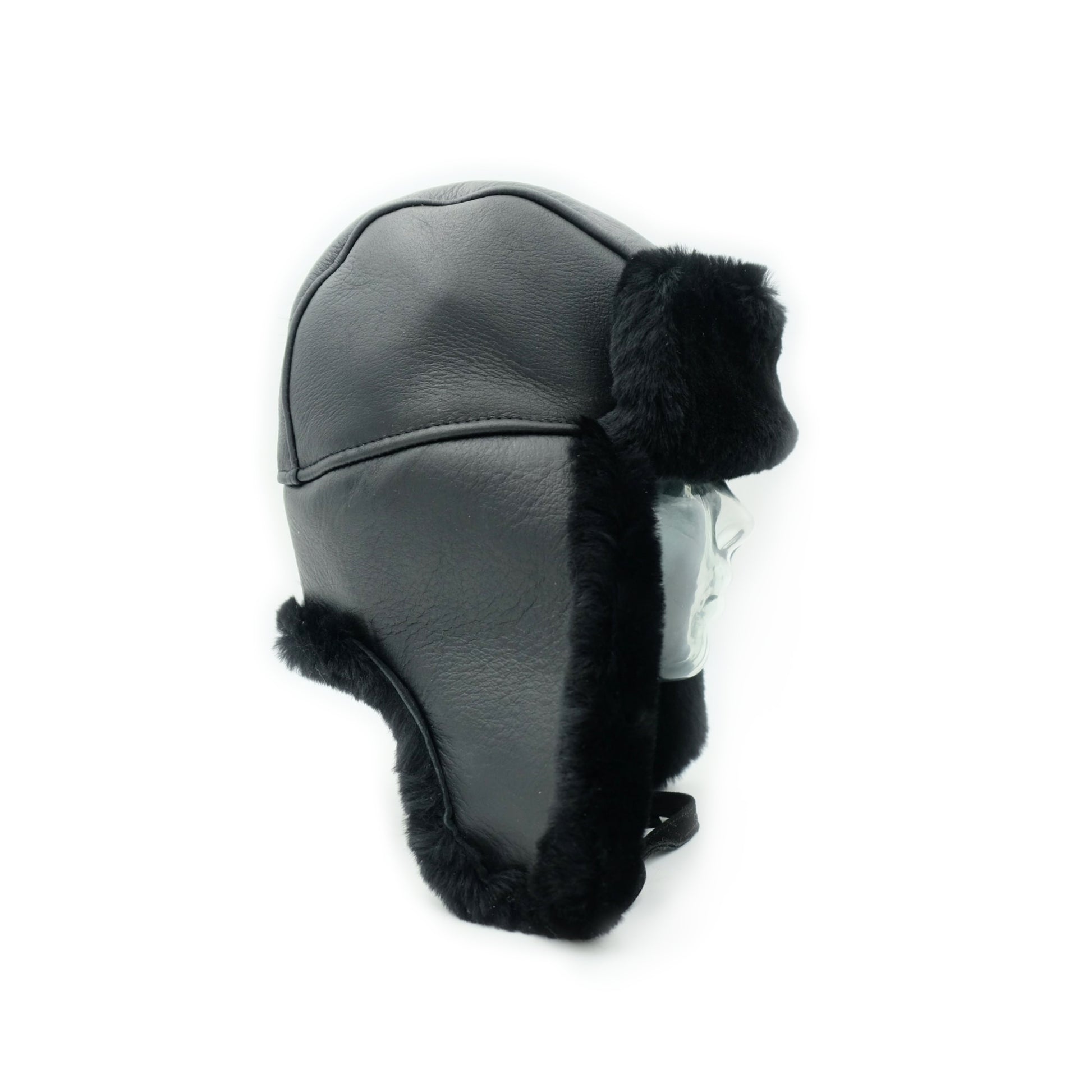 Grey leather trapper hat with black fur trim, side view. - Yellow Earth Australia