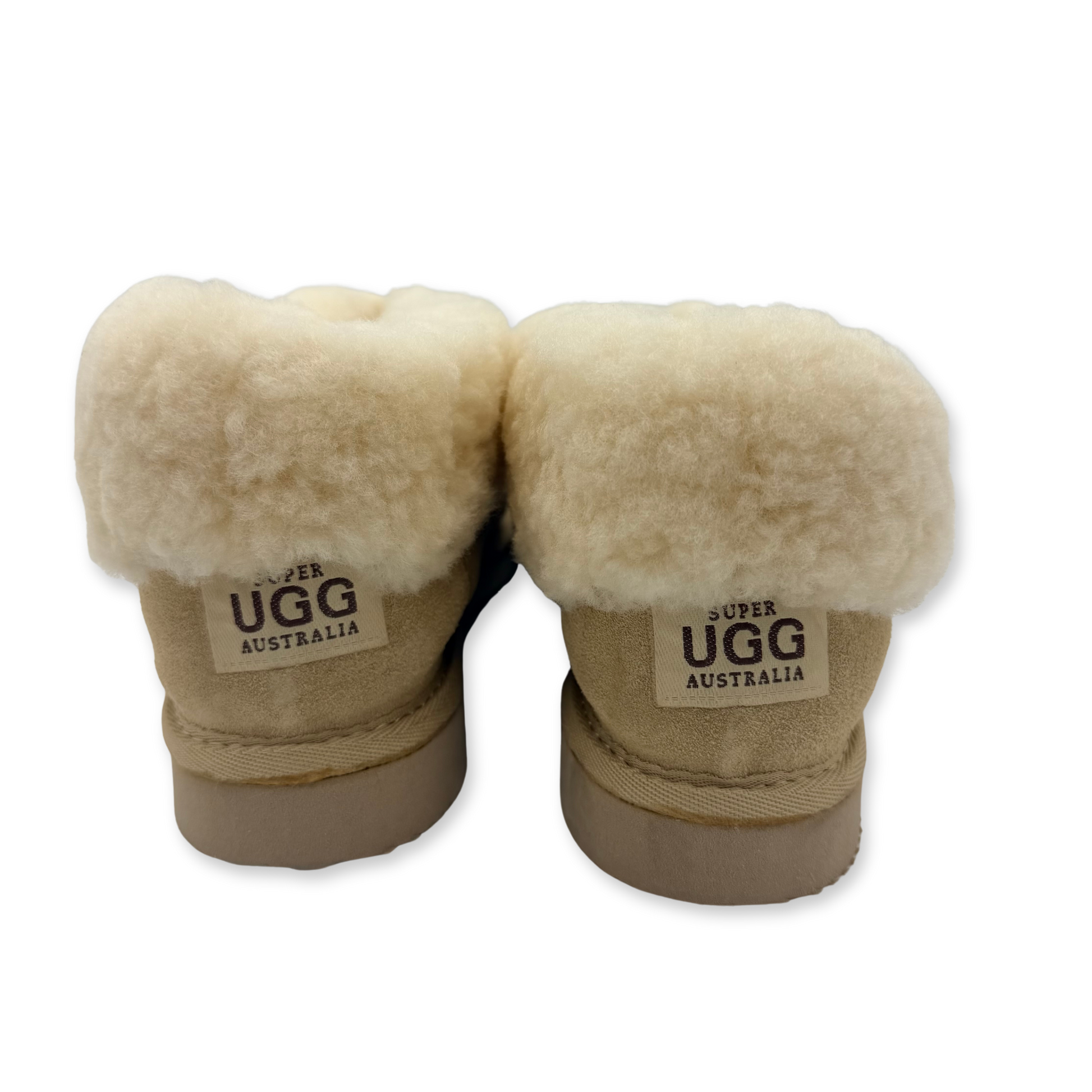 Pair of cream sheepskin mittens with suede cuff trim, displayed front view. - Yellow Earth Australia