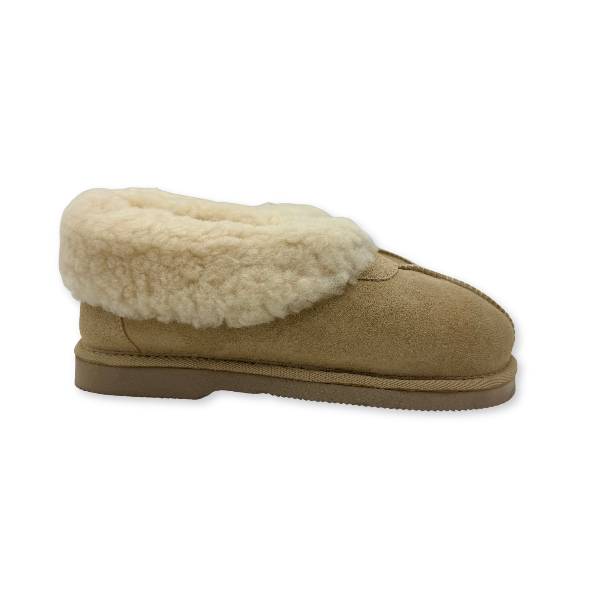 Beige sheepskin slipper with cream wool collar, side view on white background. - Yellow Earth Australia
