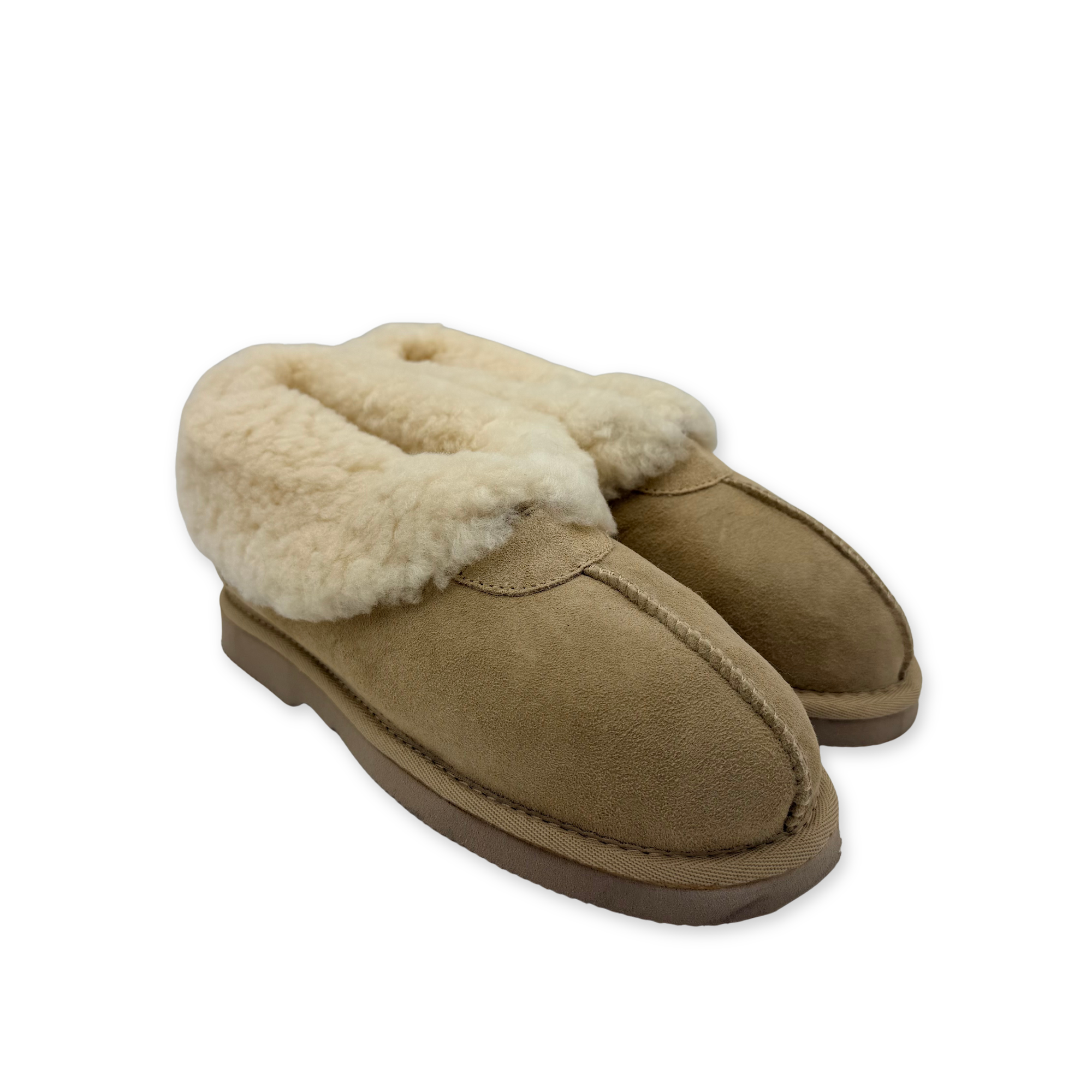 Pair of tan suede sheepskin slippers with cream wool collar lining, angled front view. - Yellow Earth Australia
