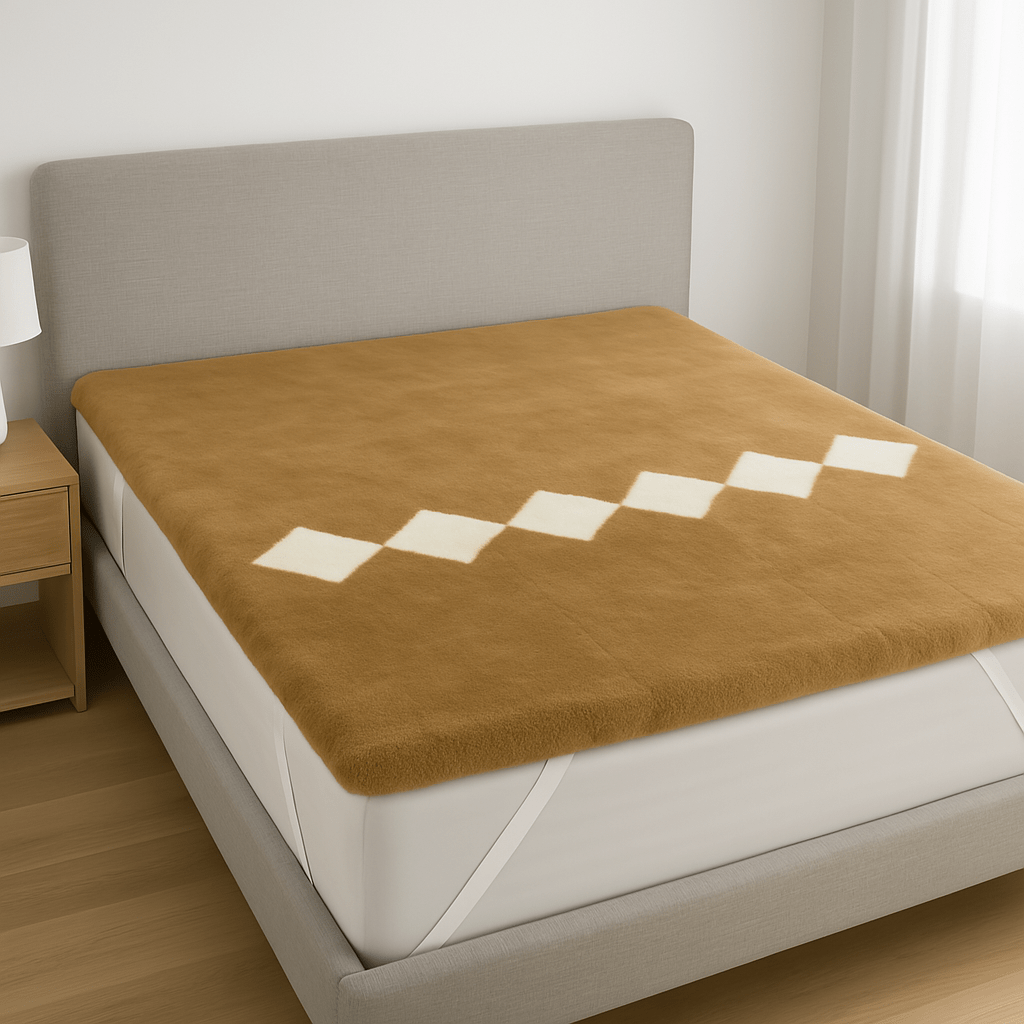 Golden sheepskin bed topper with cream diamond pattern, top view on white bed frame. - Yellow Earth Australia