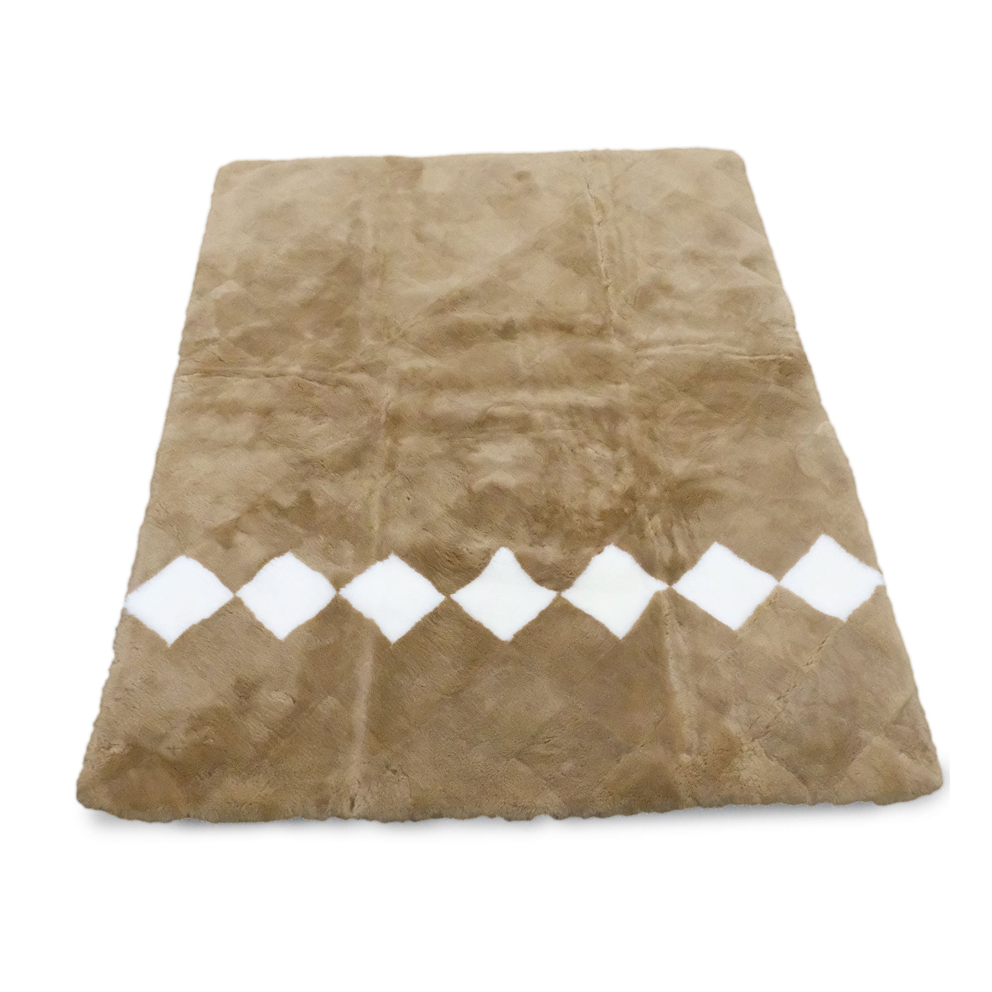 Beige sheepskin rug with white diamond pattern trim, top view. - Yellow Earth Australia