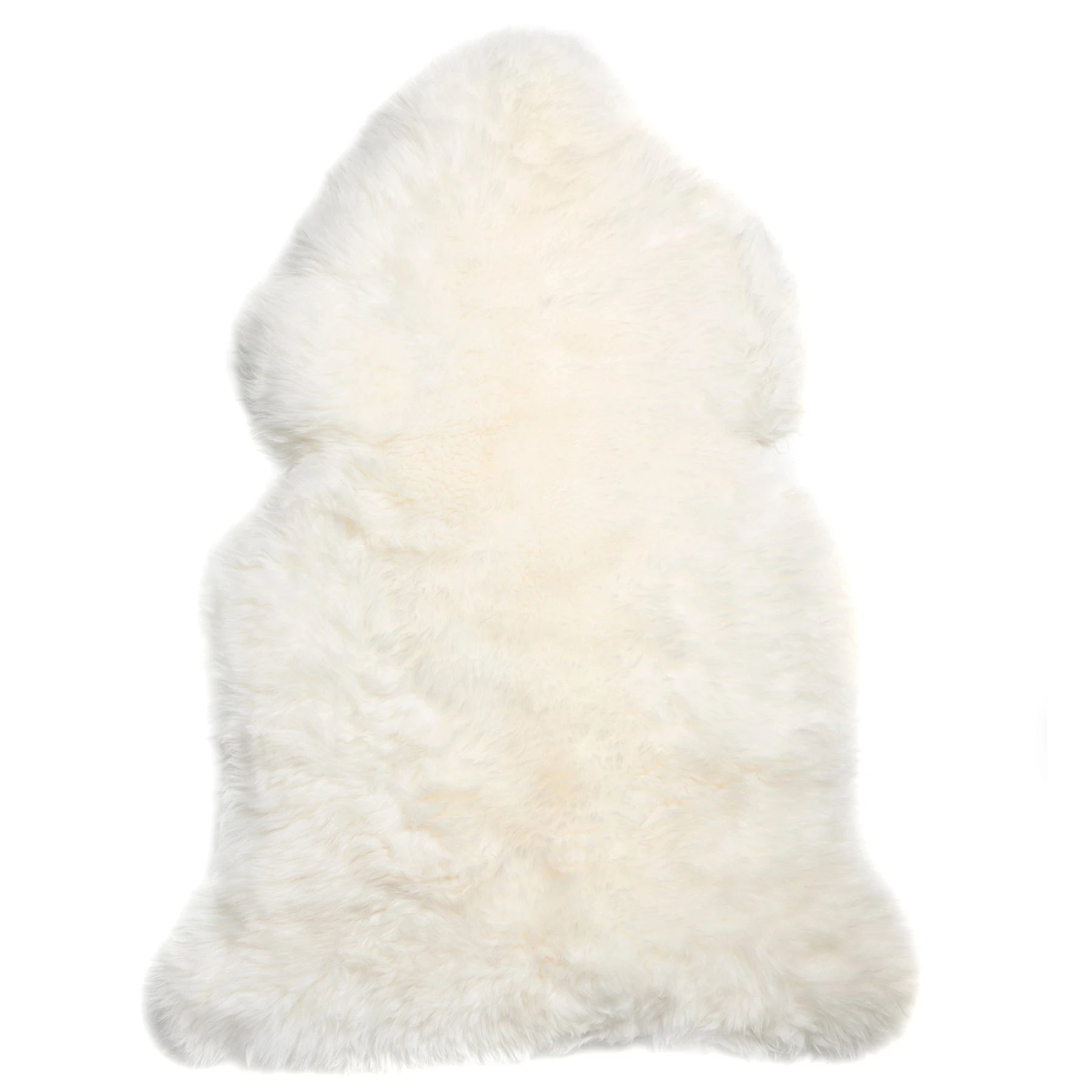 White fluffy sheepskin rug viewed from above on white background. - Yellow Earth Australia