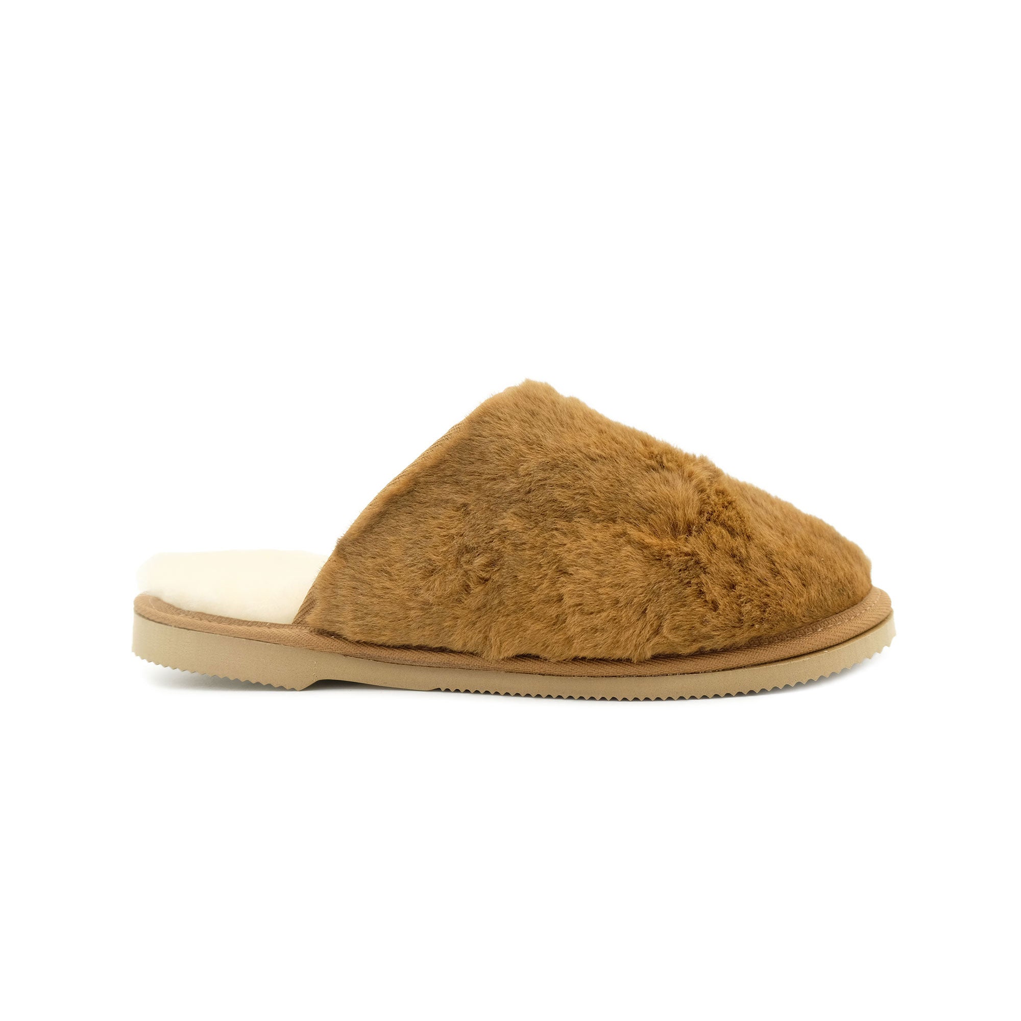 Tan sheepskin slipper with fluffy wool upper and suede sole, side view. - Yellow Earth Australia