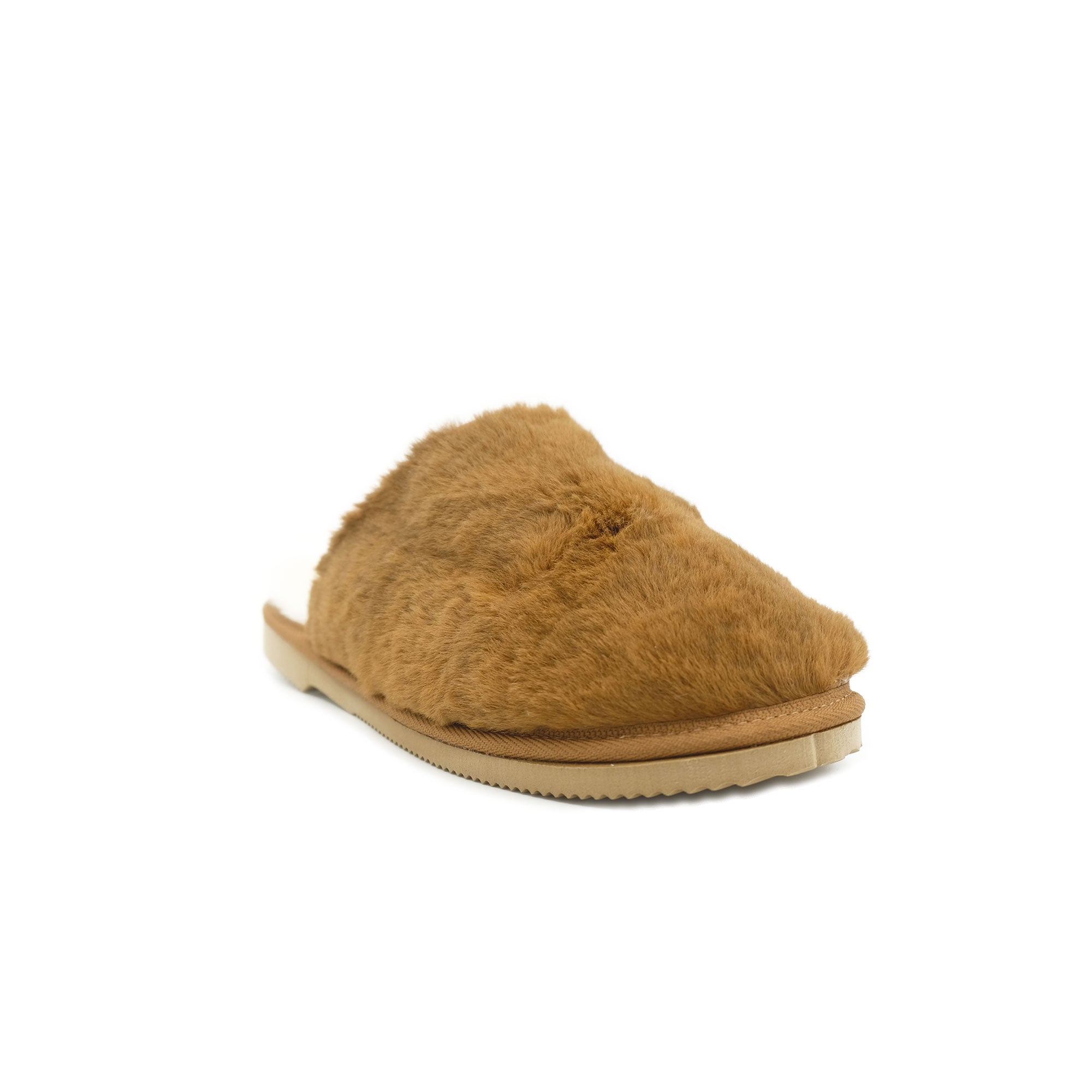 Caramel sheepskin slipper with soft wool upper and crepe sole, side view. - Yellow Earth Australia