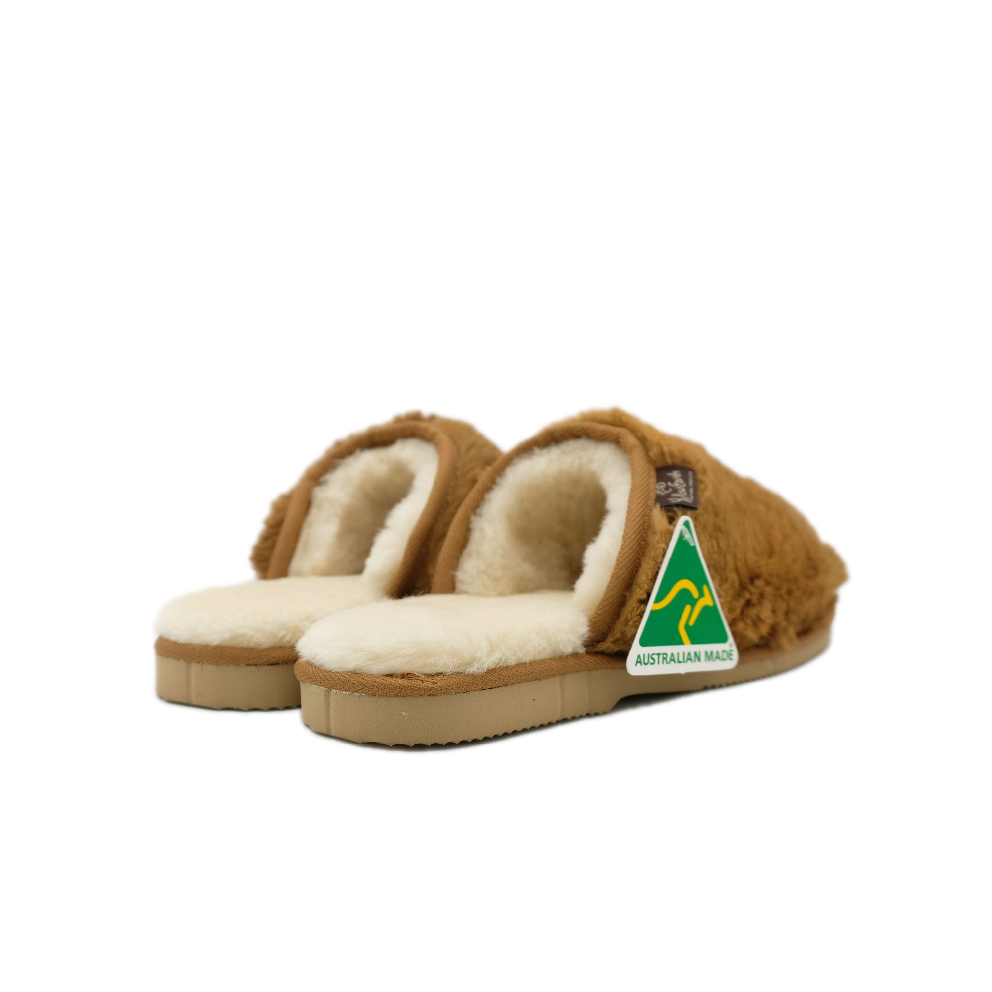 Tan sheepskin slippers with cream wool lining, front angled view. - Yellow Earth Australia
