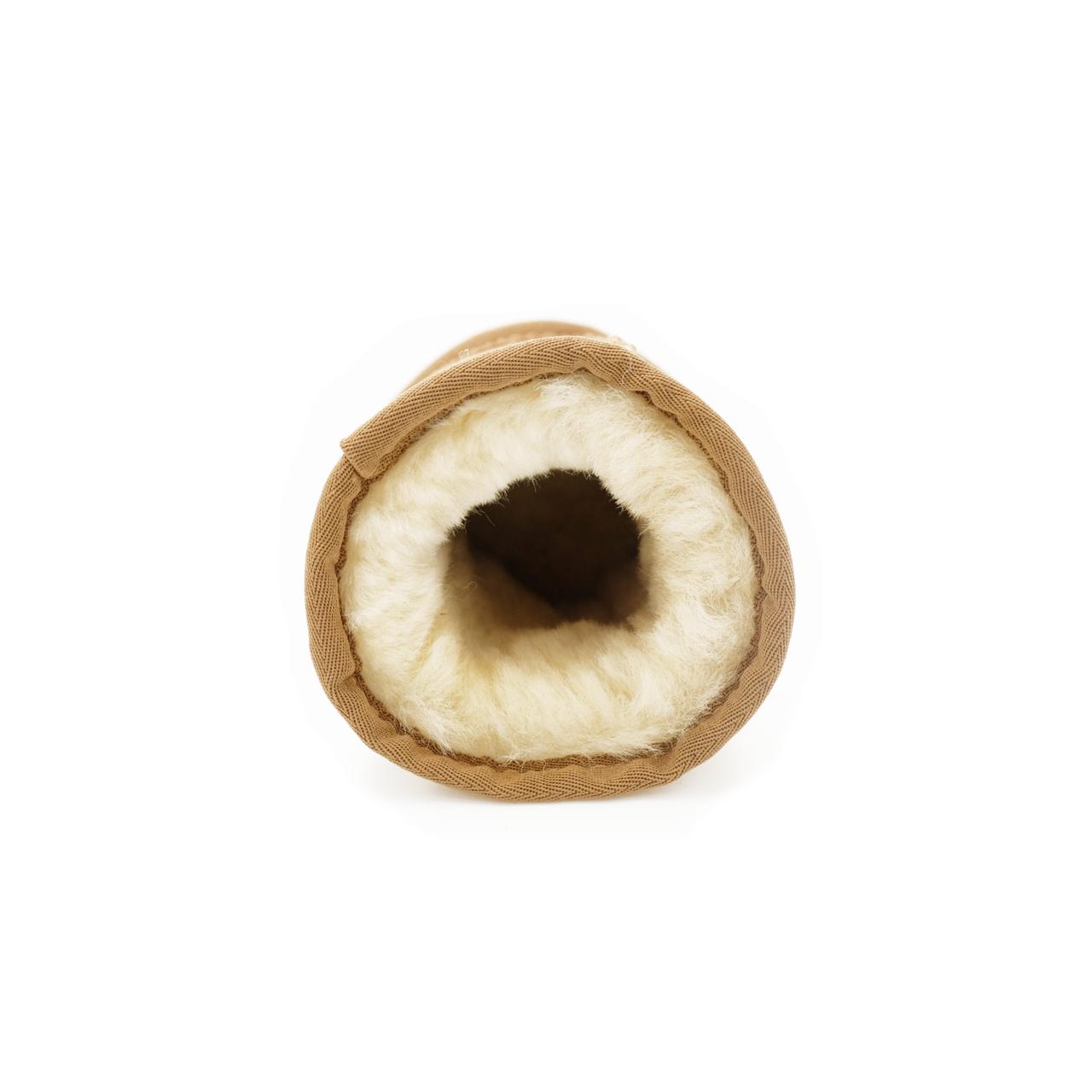 Beige sheepskin slippers viewed from above showing soft wool lining and tan fabric exterior. - Yellow Earth Australia