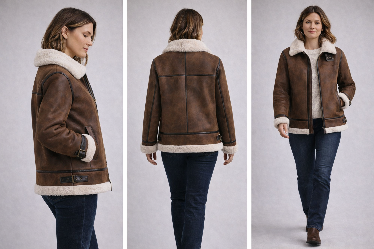 Brown suede sheepskin jacket with cream wool collar and cuffs, shown front, back and side views. - Yellow Earth Australia