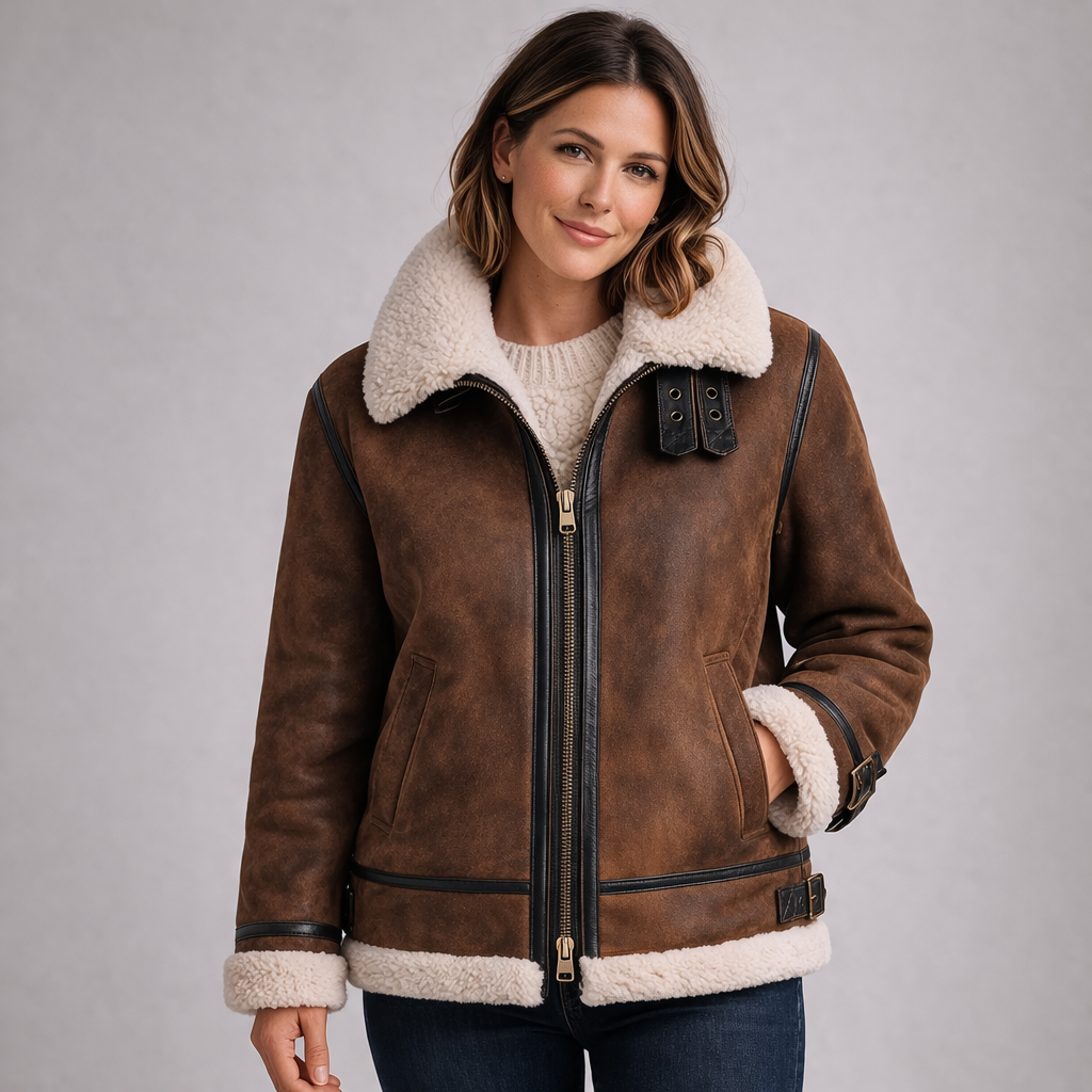 Brown suede sheepskin jacket with cream wool lining and collar, front view. - Yellow Earth Australia