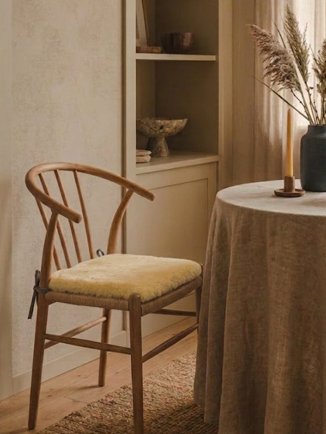 A warm, rustic interior scene featuring a wooden dining chair with a yellow cushion next to a round table draped in a beige linen tablecloth. A blue vase with dried pampas grass sits on the table, set against a background of textured beige walls, built-in shelves, and sheer curtains.