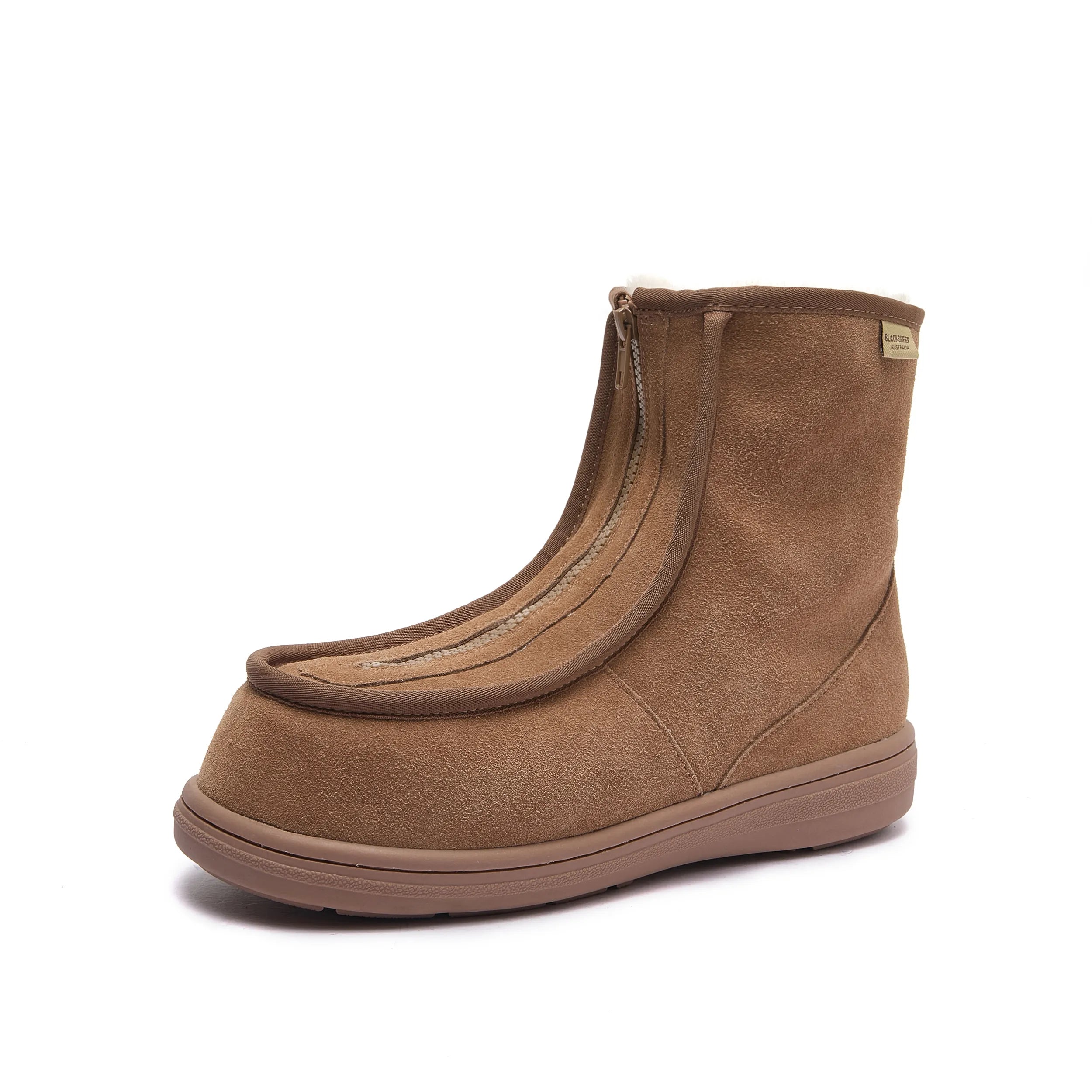 Clayton V2 chestnut Ugg-style boot with front zip open, angled front view