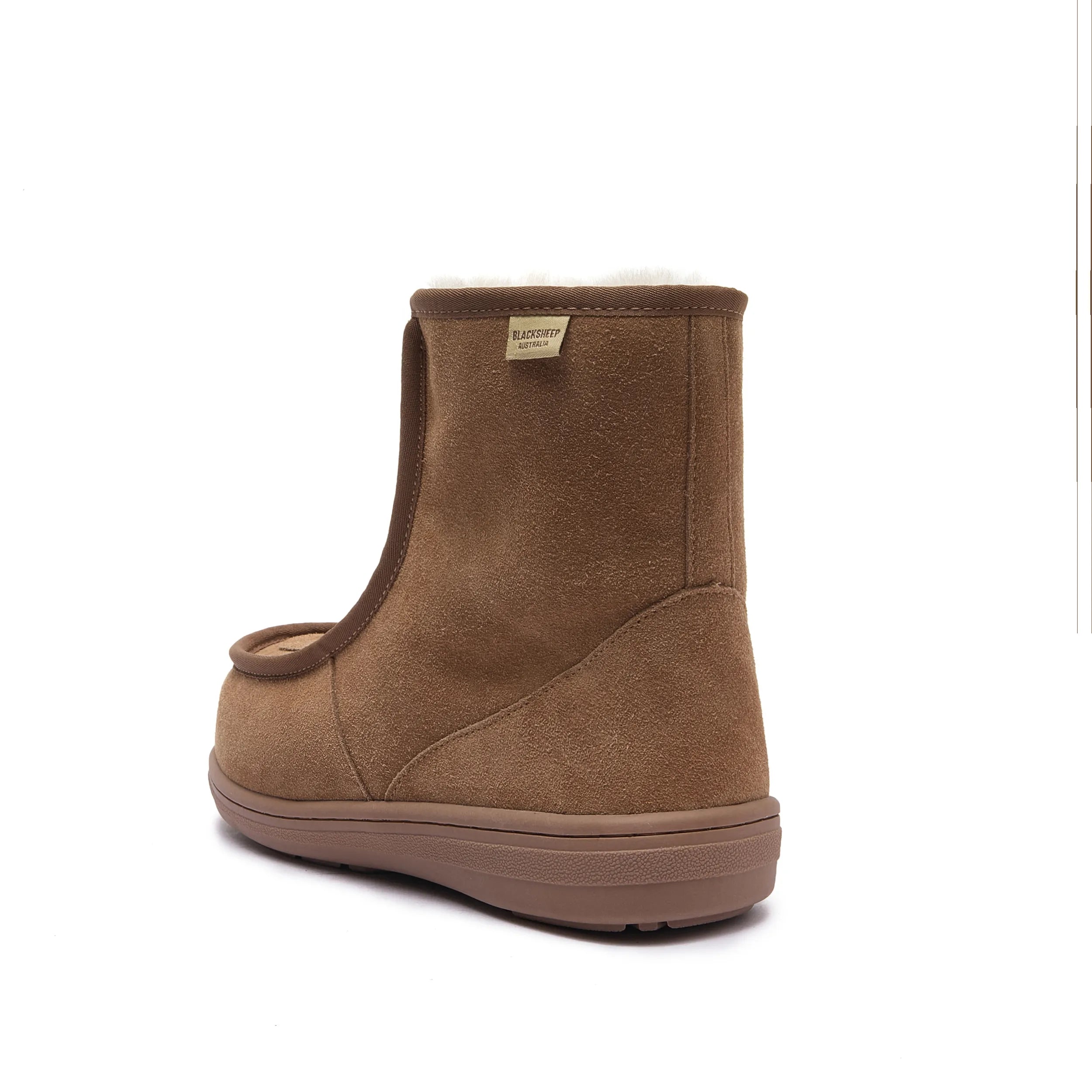 Clayton V2 chestnut Ugg-style boot with wool trim, angled back view