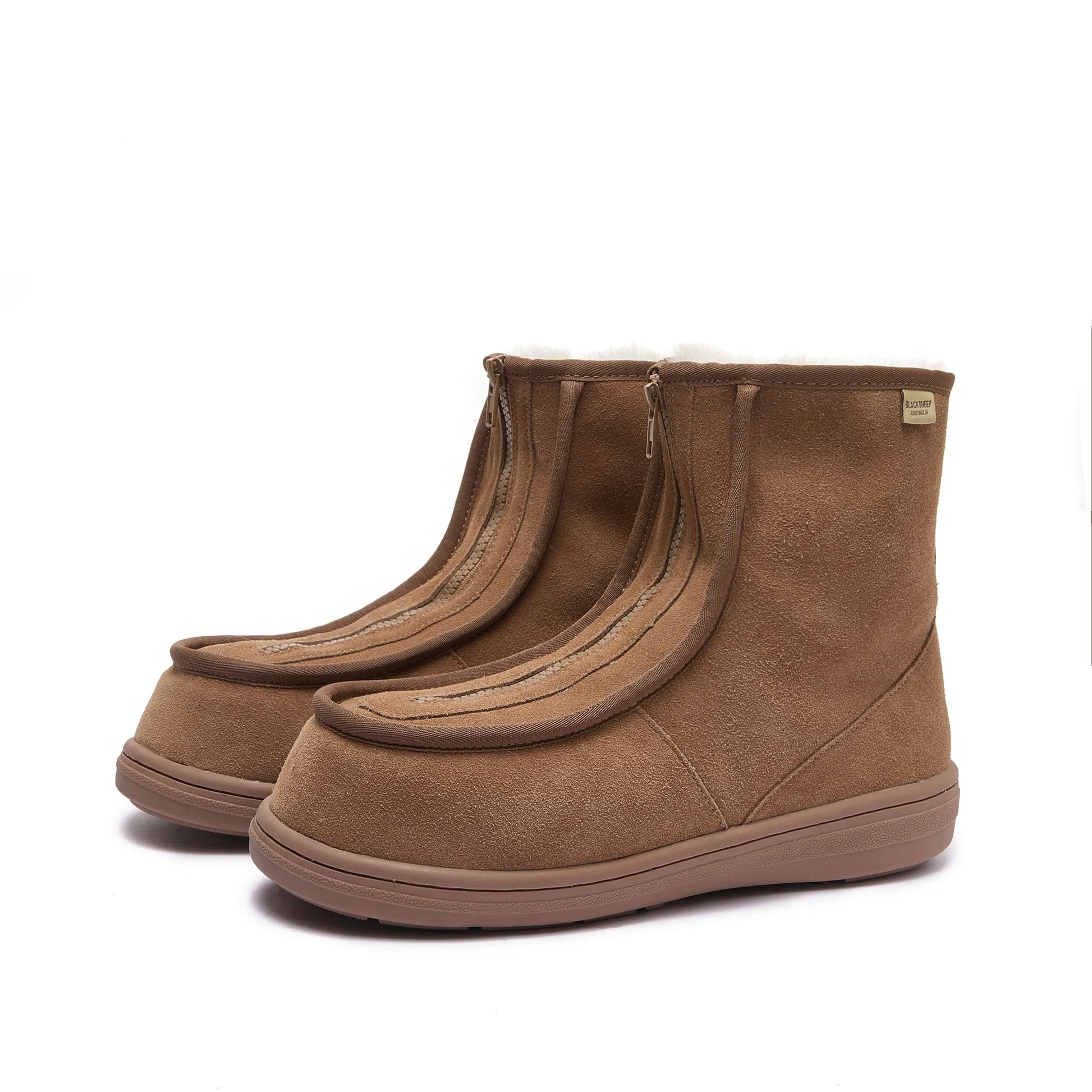 Pair of Clayton V2 chestnut wide-fit front-zip Ugg-style boots, angled view