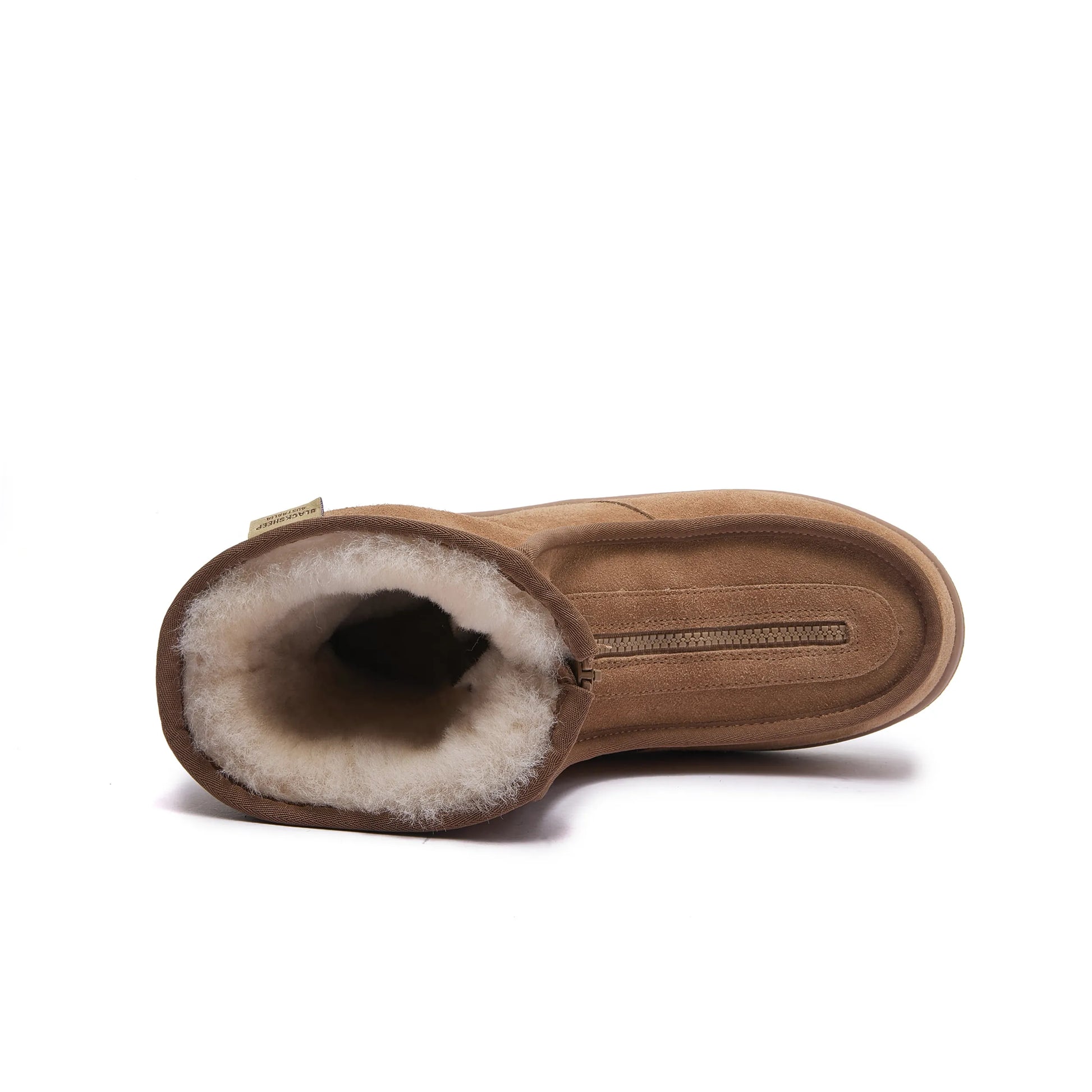 Clayton V2 chestnut Ugg-style boot top view showing wool lining and wide zip opening