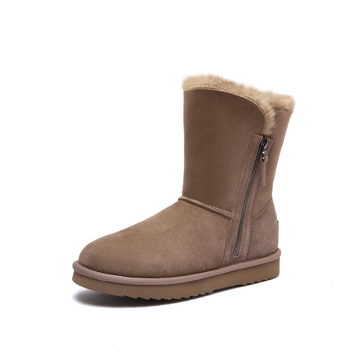 A single mid-calf winter boot in taupe brown suede with a soft beige shearling lining at the top and a side zipper, shown on a plain white background.