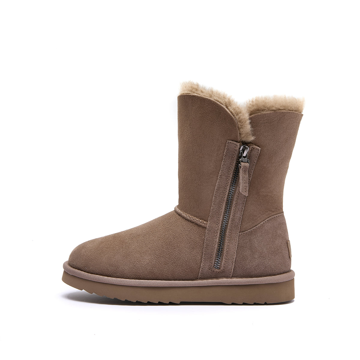 A single mid-calf brown suede winter boot with a side zipper, featuring a soft beige shearling lining visible at the top, set against a plain white background.