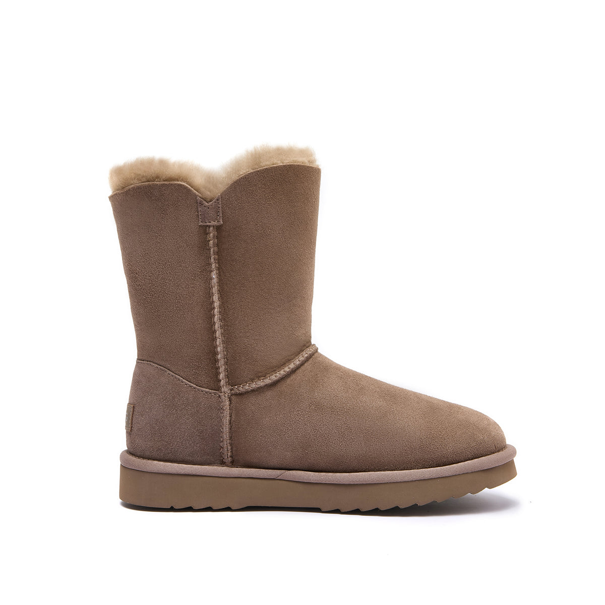 A single mid-calf shearling boot in taupe brown suede, shown from the side against a plain white background.