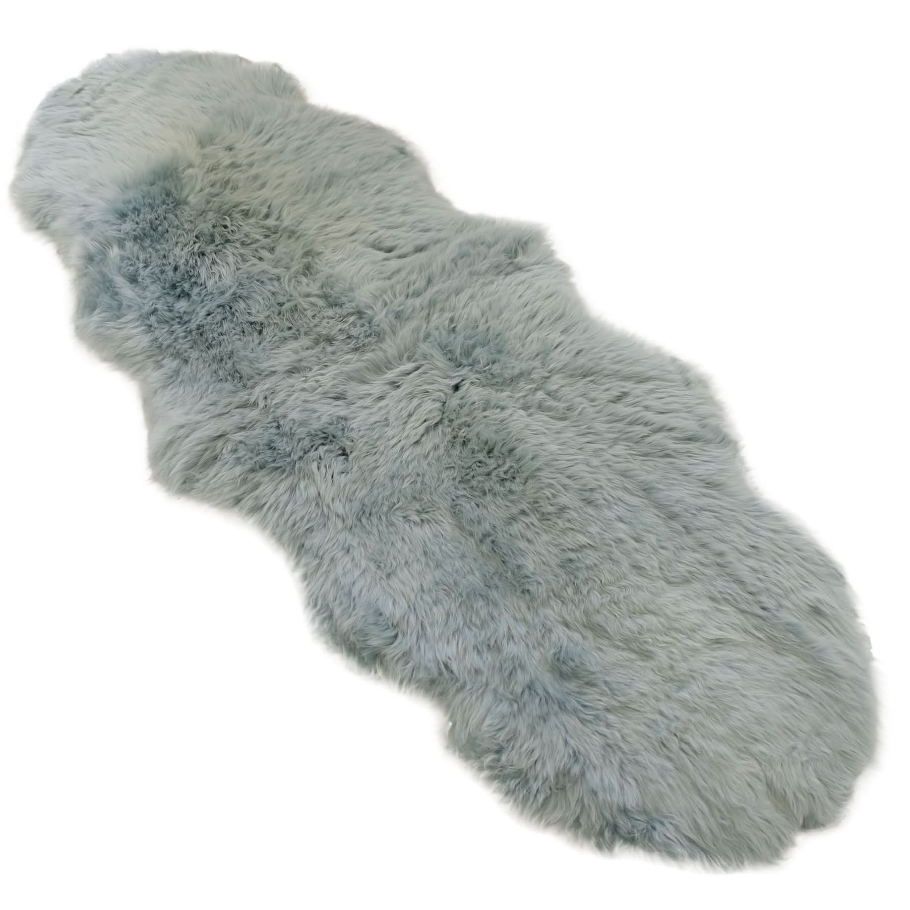 Grey sheepskin rug with natural wool texture, overhead view. - Yellow Earth Australia
