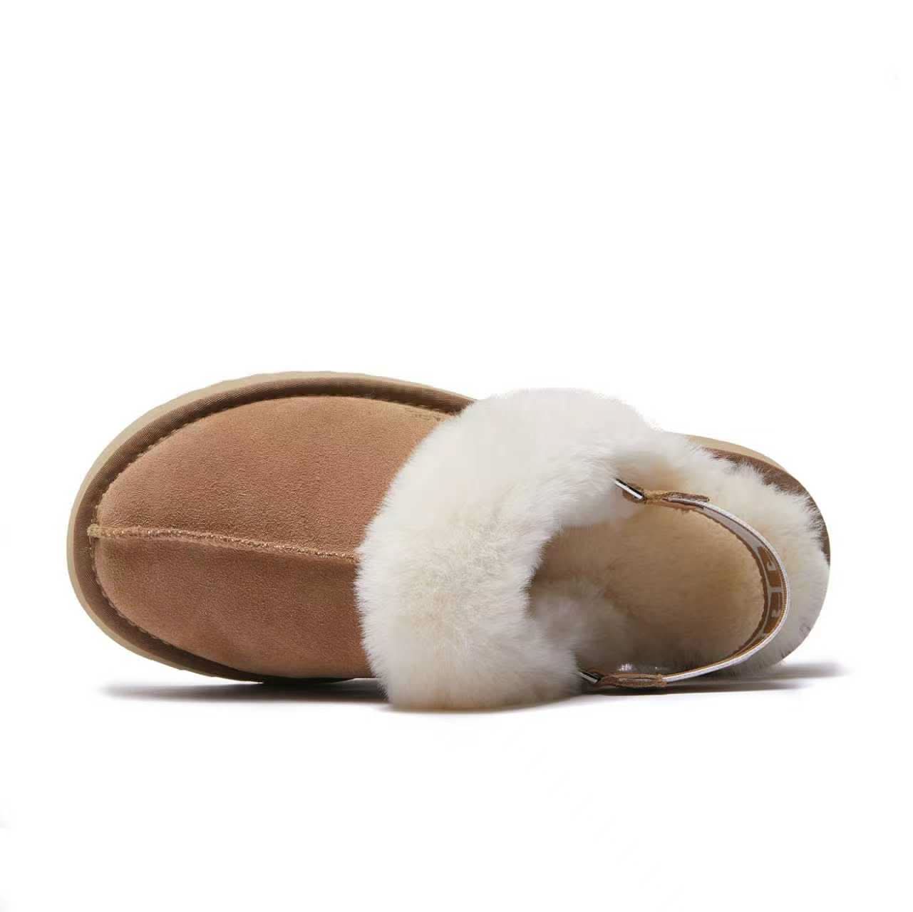 Tan suede sheepskin slipper boot with white wool cuff, top view. - Yellow Earth Australia