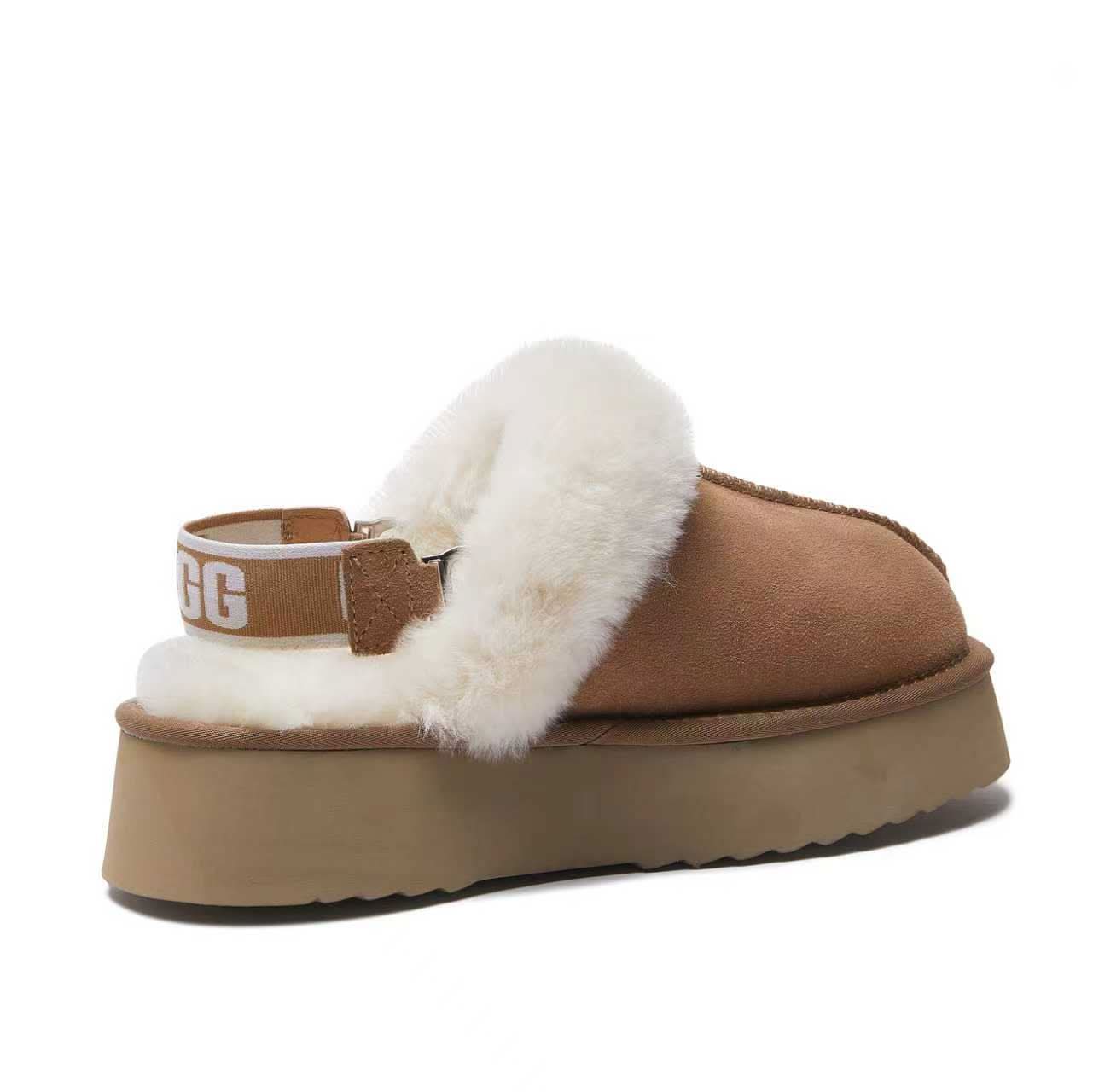 Tan sheepskin slipper with white wool lining, platform sole, side view. - Yellow Earth Australia